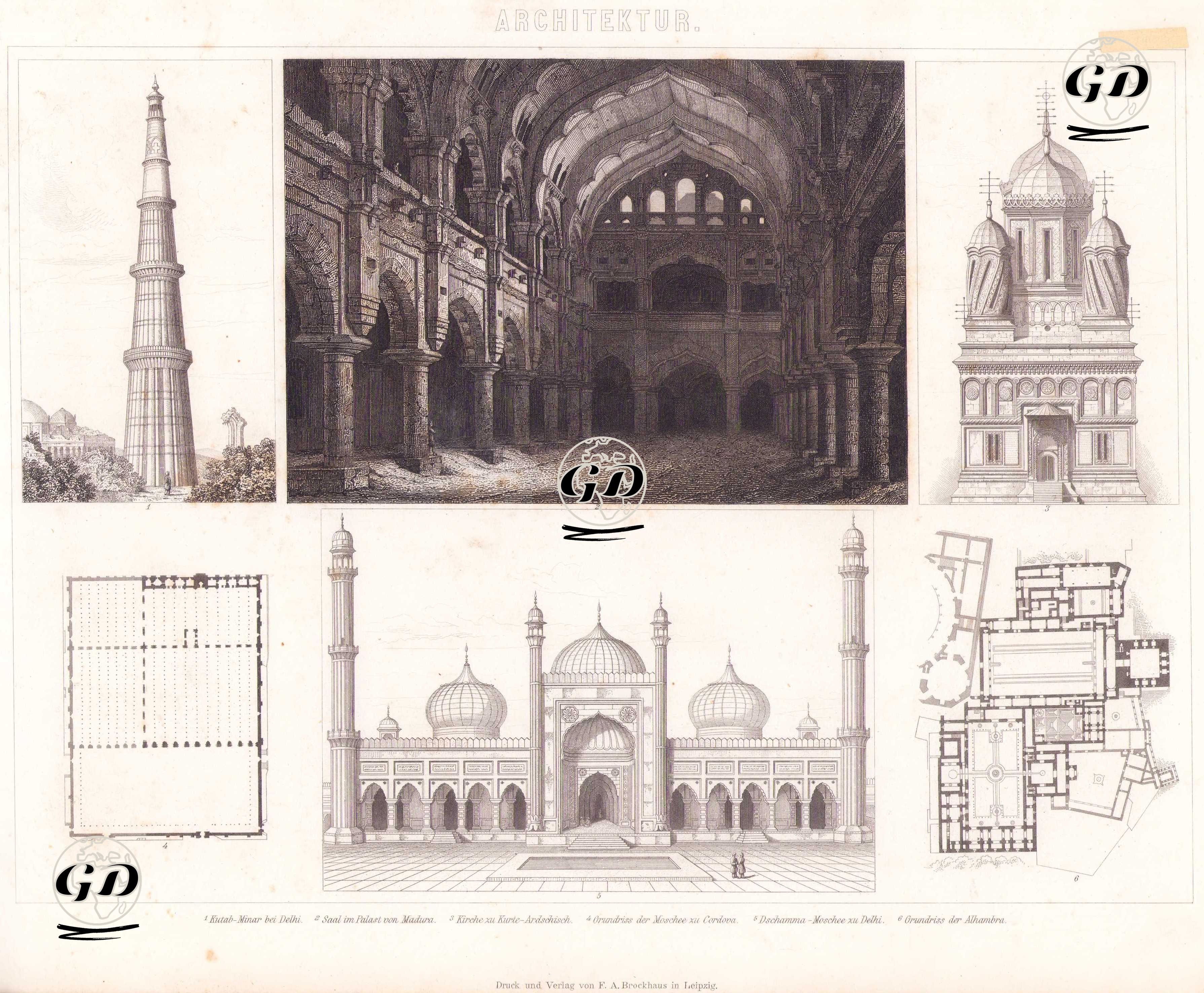 Mimarlık (Hint Mimarisi) 1. Delhi Yakınlarındaki Kutub Minar (Kutub Minaresi) 2. Madura Sarayı’ndaki Büyük Salon 3.Kurte-Ardschisch’teki Kilise 4. Kurtuba (Cordova) Camii’nin Planı 5.Delhi’deki Cuma Camii (Jama Mescidi) 6. Elhamra Sarayı’nın Planı -  - 1875