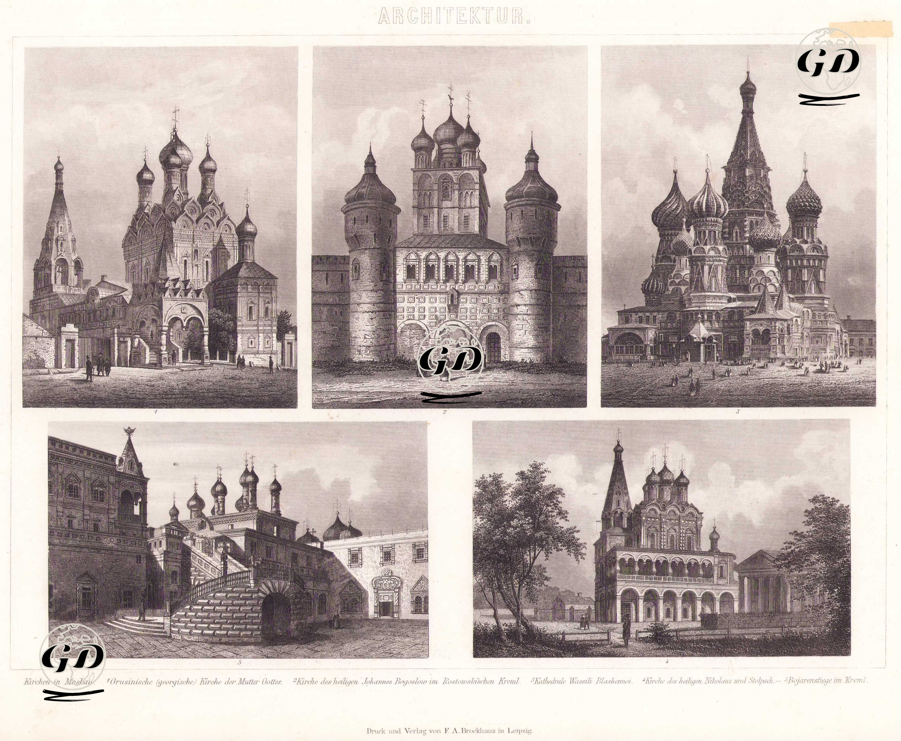 Mimarlik (Rus Kiliseleri ve Moskova Kremlin Kompleksi) 1. Meryem’in Göğe Kabulü (Dormition) Katedrali (Gürcü Ana Tanrıça (Meryem Ana) Kilisesi) 2. Rotov Kremlini’ndeki Aziz Yuhanna Kilisesi 3. Kutsal Vasili Katedrali (Vasili Blajenni) 4. Aziz Nikola ve Stolpach Kilisesi 5. Kremlin’deki Boyar Merdiveni (Bojarenstiege) -  - 1875