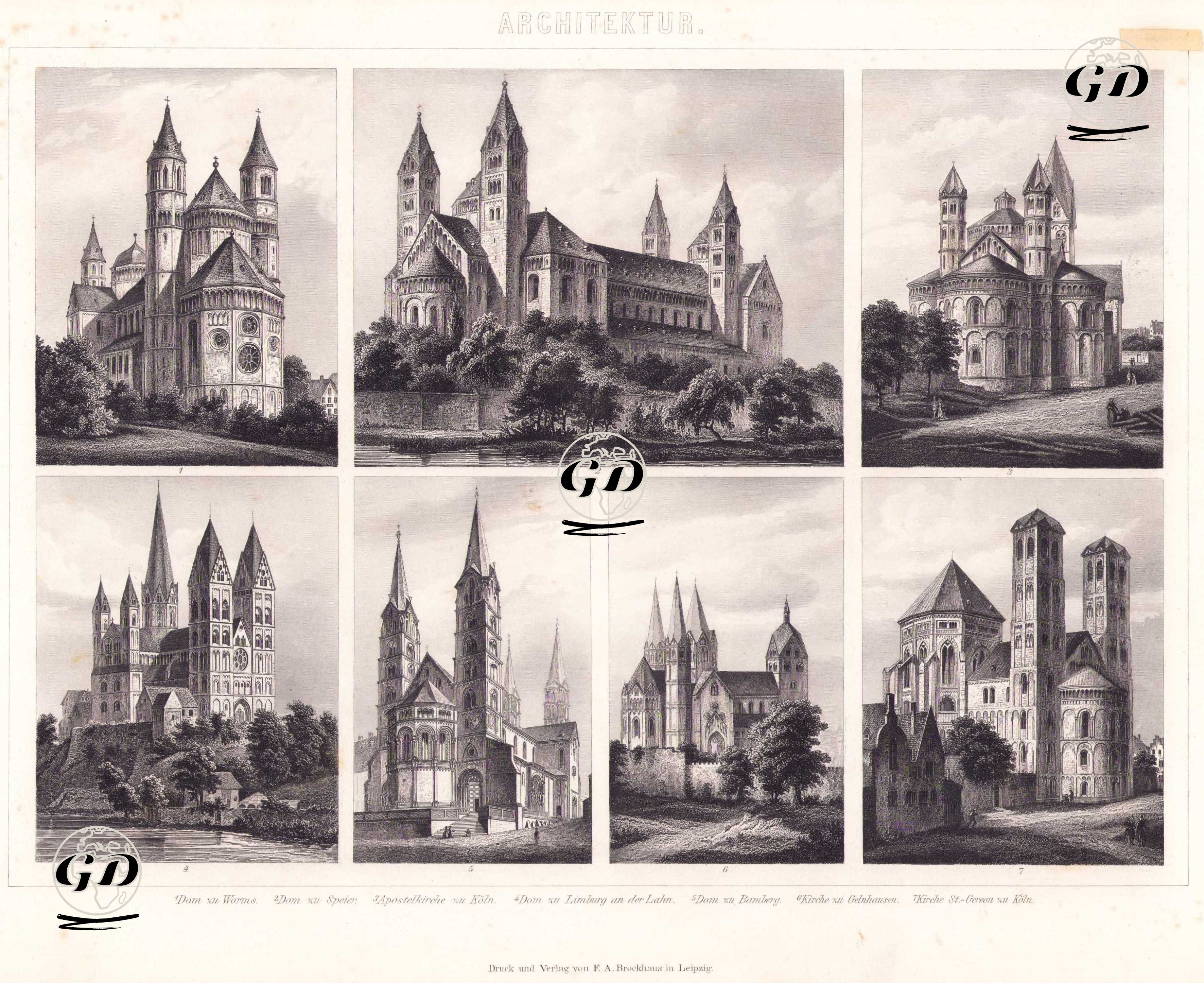 Architektur (Romanische Kirchen in Deutschland - Romanesque Churches in Germany) 1. Dom zu Worms (Cathedral of Worms) 2. Dom zu Speier (Cathedral of Speyer) 3. Apostelkirche zu Köln (Church of the Holy Apostles in Cologne) 4. Dom zu Limburg an der Lahn (Cathedral of Limburg on the Lahn) 5. Dom zu Bamberg (Cathedral of Bamberg) 
6. Kirche zu Gelnhausen (Church of Gelnhausen) 7. Kirche St. Gereon zu Köln (Church of St. Gereon in Cologne) -  - 1875