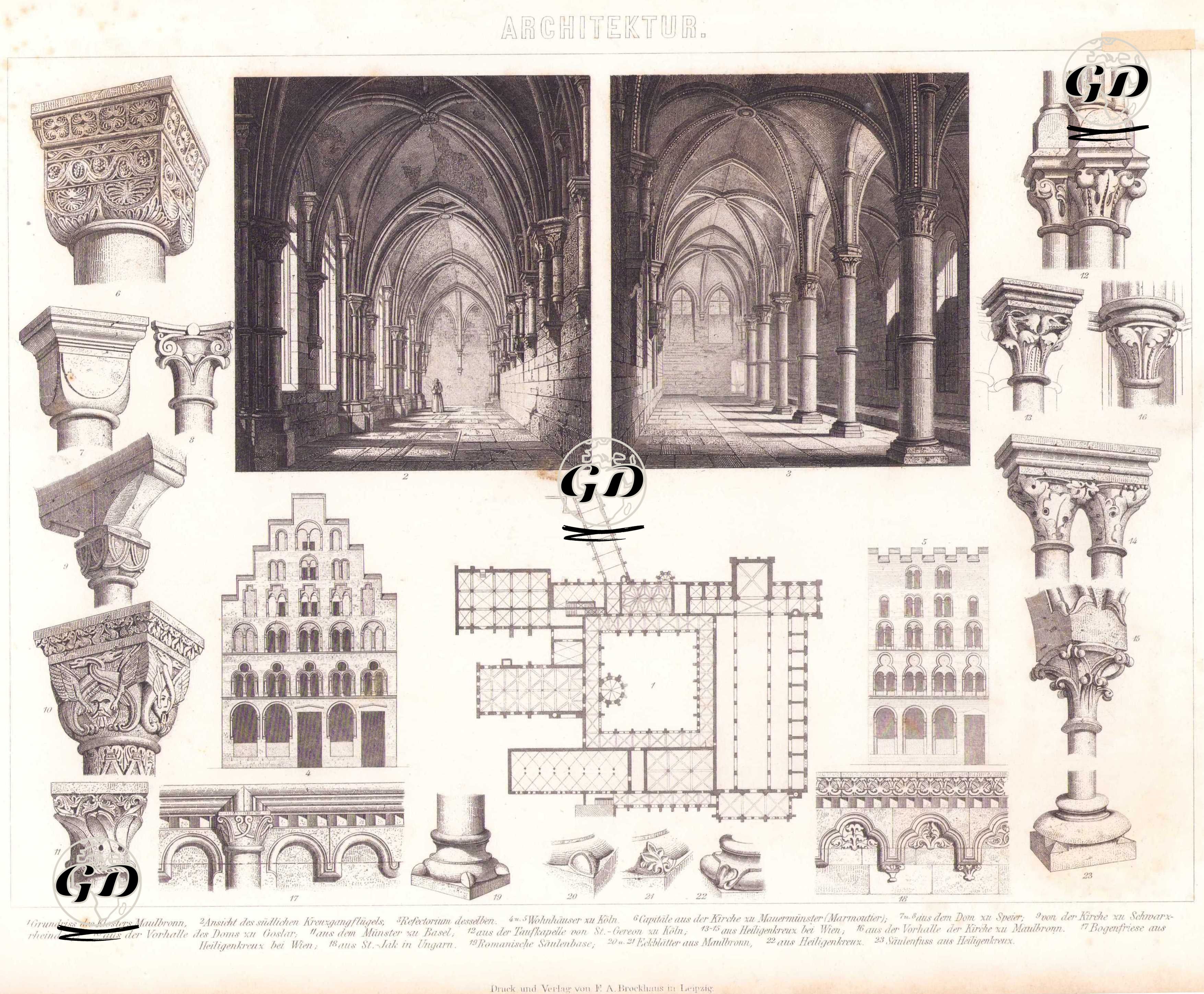 Mimari (Romanesk Üslupta Yapısal Detaylar) 1. Maulbronn Manastırı’nın Planı 2. Manastırın Güney Revak Kanadının Görünüşü 3. Aynı Yapının Yemekhane (Refektoryum) Kısmı 4-5. Köln’deki Konut Yapıları 6. Mauermünster (Marmoutier) Kilisesi’nden Sütun Başlığı 7-8. Speyer (Şpiyer) Katedrali’nden Detaylar 9. Schwarzrheindorf Kilisesi’nden Sütun Başlığı 10. Goslar Katedrali’nin ön Salonundan (Narteks) Detay 11. Basel Minster’inden (Büyük Katedral) Detay 12. Köln’deki Aziz Gereon’un Vaftizhane Yapısından Detay 13.-15. Viyana Yakınlarındaki Heiligenkreuz Manastırı’ndan Sütun Başlıkları 16. Maulbronn Kilisesi’nin ön Salonundan Detay 17. Viyana yakınlarındaki Heiligenkreuz’dan Kemer Frizleri 18. Macaristan’daki St. Jak Kilisesi’nden Detay 19. Romanesk Tarzda Sütun Kaidesi 20-21. Maulbronn’dan Köşe Süs Yaprakları 22. Heiligenkreuz’dan Detay 23. Heiligenkreuz’dan Sütun Tabanı -  - 1875