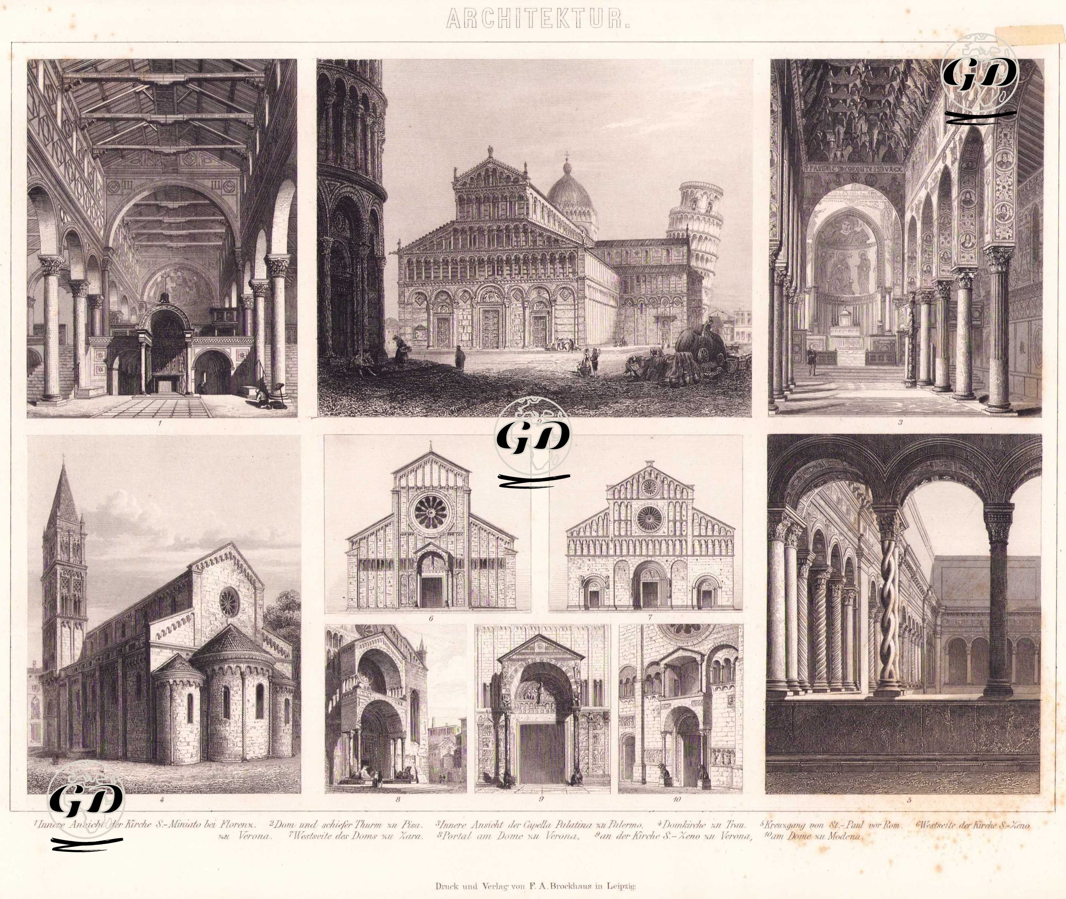 Mimari (İtalya’daki Romanesk Dönem Kiliseleri) 1, Floransa’daki San Miniato Kilisesi’nin İç Mekanı 2. Pisa Katedrali ve Eğik Kulesi 3. Palermo’daki Capella Palatina’nın İç Mekanı 4. Trau (Trogir) Katedrali 5. Roma’daki St.Paul Bazilikası Dışındaki Manastır Avlusu 6. Verona’daki San Zeno Kilisesi’nin Batı Cephesi 7. Zara (Zadar) Katedrali’nin Batı Cephesi 8. Verona Katedrali’nin Portalı (Ana Giriş) 9. Verona’daki San Zeno Kilisesi’nin Portalı 10. Modena Katedrali’nin Portalı -  - 1875