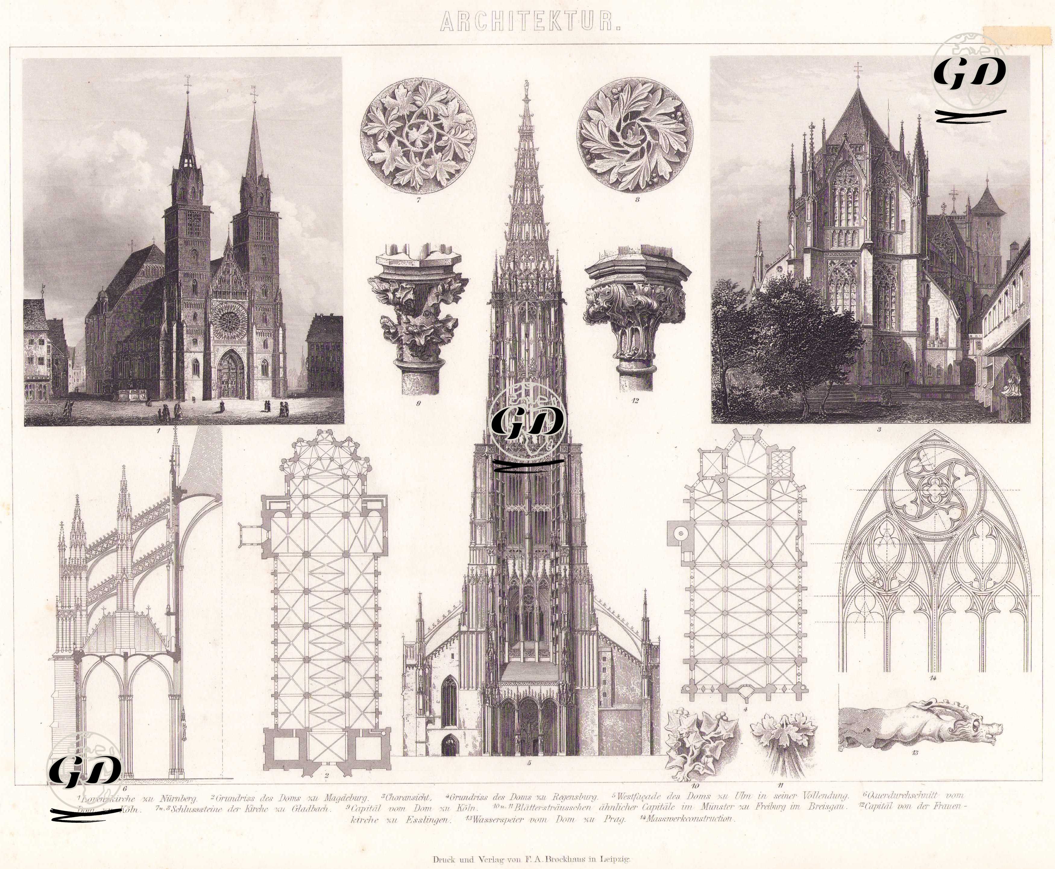 Architektur (Gotische Kathedralen in Deutschland - Gothic Cathedrals in Germany) 1. Lorenzkirche zu Nürnberg (St.Lorenz Church in Nuremberg) 2. Grundriss des Domes zu Magdeburg (Ground plan of the Cathedral of Magdeburg) 3. Choransicht (Choir view) 4. Grundriss des Domes  zu Regensburg (Ground plan of the Cathedral of Regensburg) 5. Westfacade des Domes zu Ulm in seiner Vollendung (West façade of the Cathedral of Ulm in its completed form) 6. Querdurchschnitt vom Dom zu Köln (Transverse section of Cologne Cathedral) 7.-8.  Schlusssteine der Kirche zu Gladbach (Keystone sculptures from the church at Gladbach)  9. Capital vom Dom zu Köln (Capital from Cologne Cathedral) 10.-11. Blatterstrausschen Ahnlicher Capitale im Munster zu Freiburg im Breisgau (Floral-style capitals in the Minster at Freiburg im Breisgau) 12. Capital von der Frauen Kirche zu Esslingen (Capital from the Church of Our Lady in Esslingen) 13. Wasserspeier vom Dom zu Prag (Gargoyle from the Cathedral of Prague) 14. Masswerkconstructionen (Tracery constructions) -  - 1875