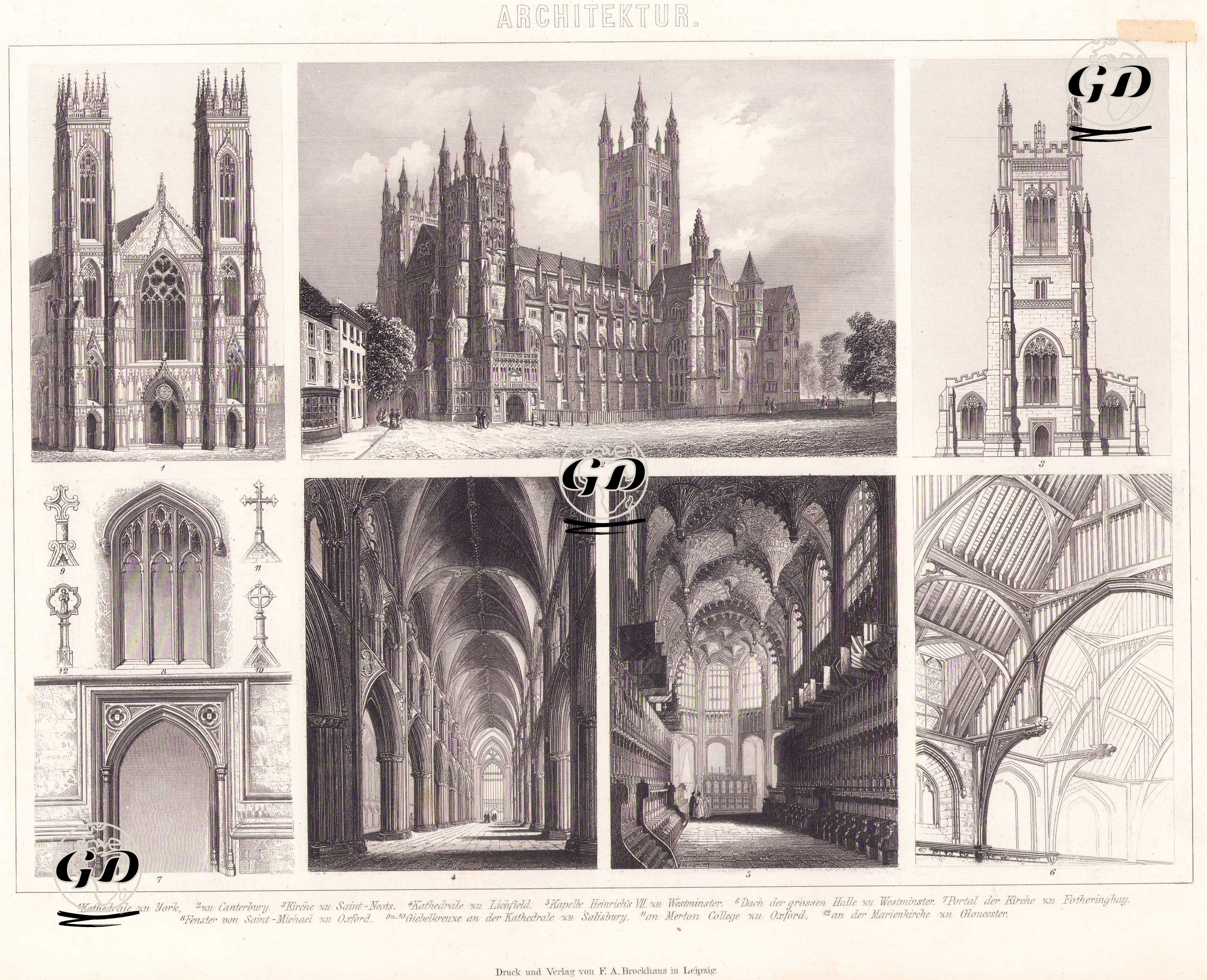 Mimari (İngiliz Gotik Mimarisi) 1. York Katedrali 2. Canterbury Katedrali 3. Saint-Neots Kilisesi 4. Litchfield Katedrali 5. Westminster’de VII. Henry Şapeli 6. Westminster Büyük Salonunun Çatısı 7. Fotheringhay Kilisesi’nin Portalı 8.Oxford Saint-Michael Kilisesi’nin Penceresi 9.-10. Salisbury Katedrali’ndeki Alın Haçları 11. Oxford Merton College’daki Alın Haçı 12. Gloucester’daki Meryem Ana Kilisesi’ndeki Alın Haçı -  - 1875