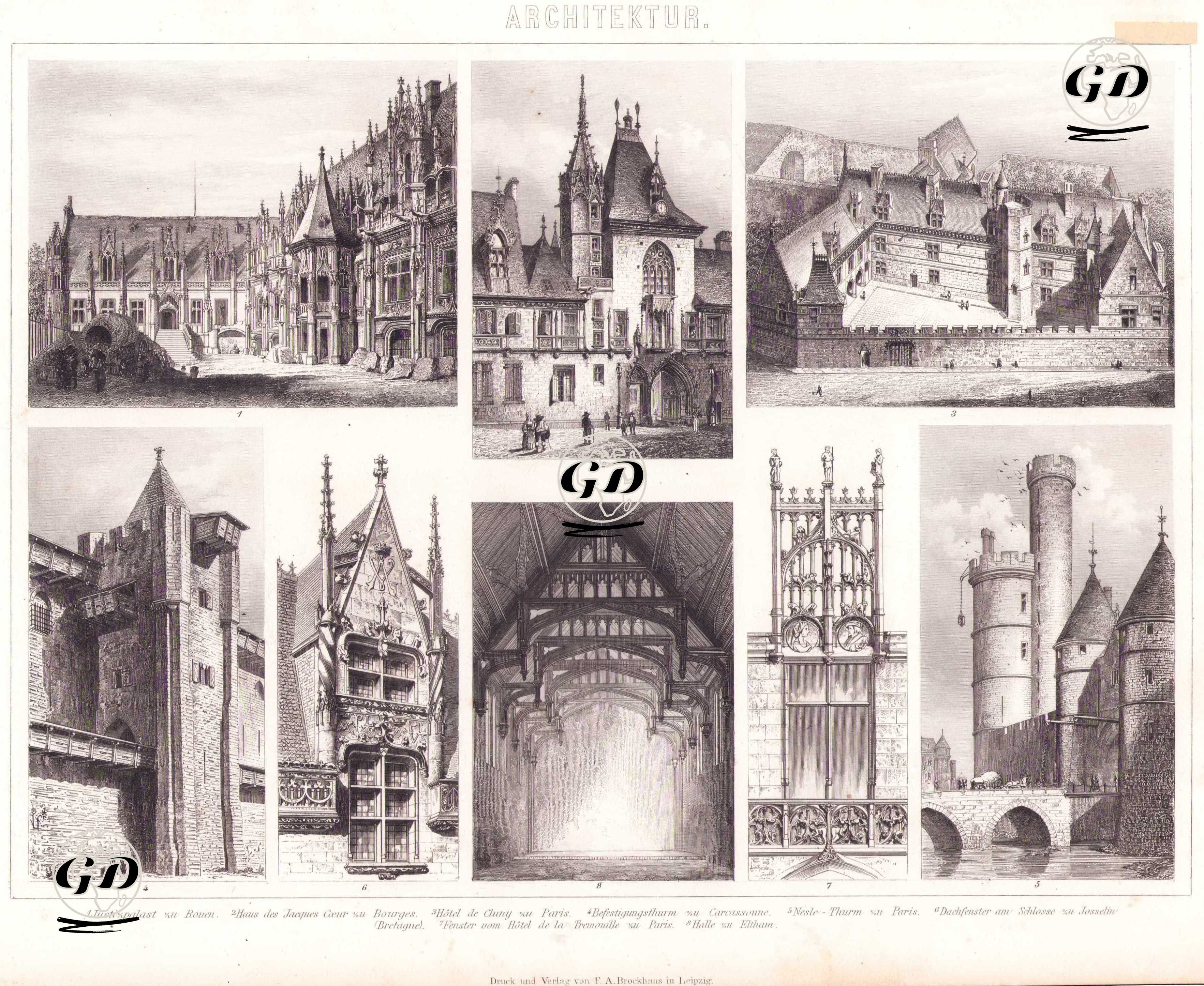 Mimari (Fransa’da Geç Gotik Sivil Yapılar) 1. Rouen Adalet Sarayı 2. Bourges’de Jacques Coeur’un Evi 3. Paris’te Hotel de Cluny 4. Carcassonne’daki Tahkimat Kulesi 
5. Paris’teki Nesle Kulesi 6. Josselin Şatosu’ndaki Çatı Penceresi (Bretanya) 7. Hotel de la Tremoille’den Bir Pencere 8. Eltham’daki Büyük Salon -  - 1875