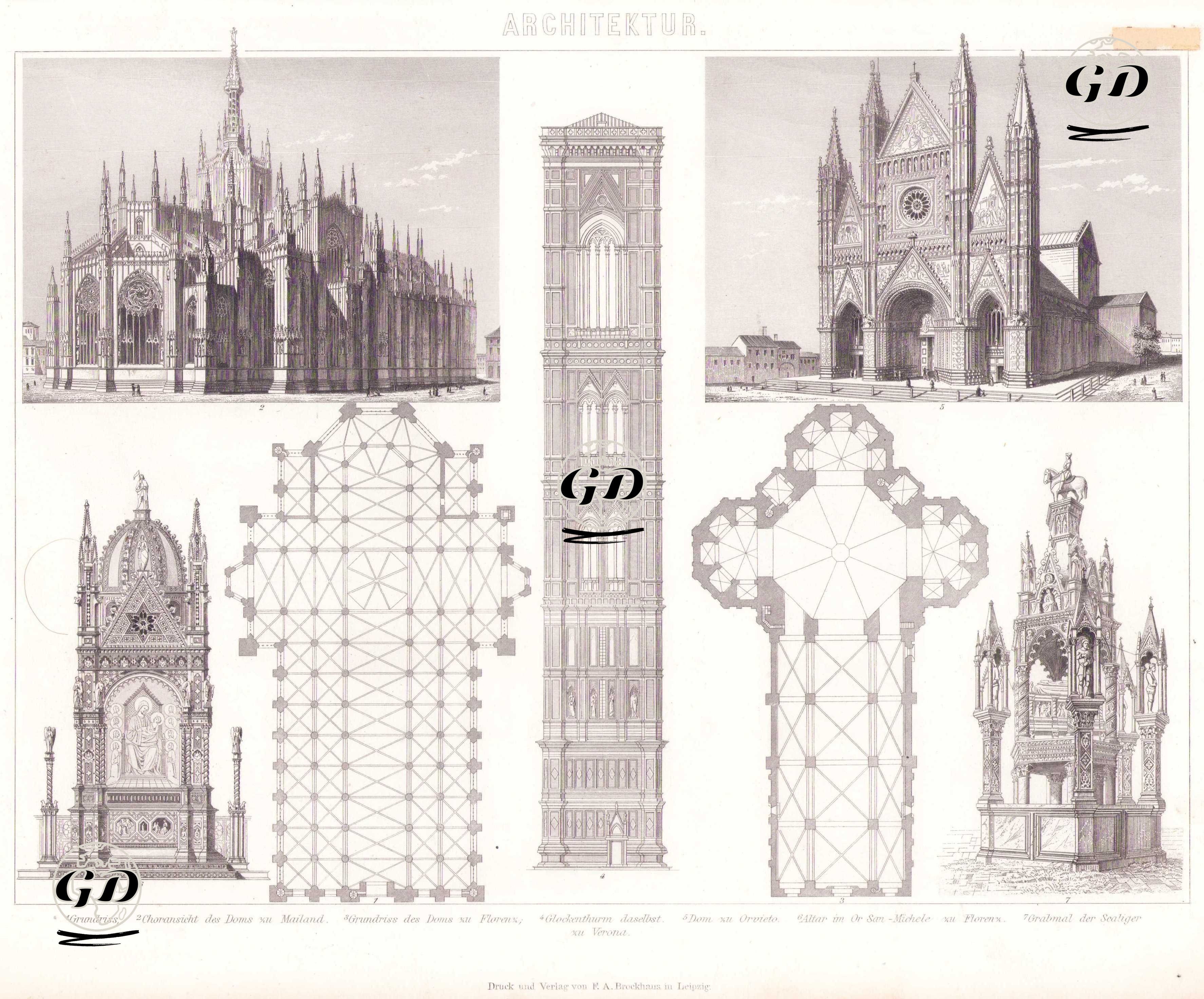 Architektur (Italienische Kathedralen, Gotischer Stil - Italian Gothic Cathedrals) 1. Grundriss (Ground plan) 2. Choransicht des Doms zu Mailand (Choir view of Milan Cathedral) 3. Grundriss des Doms zu Florenz (Ground plan of Florence Cathedral) 4. Glockenthurm Daselbst (Bell Tower There) 5.Dom zu Orvieto (Cathedral of Orvieto) 6.Althar im Or San-Michele zu Florenz (Altar in Or San Michele in Florence) 7.Grabmal der Scaliger zu Verona (Tomb of the Scaliger family in Verona) -  - 1875