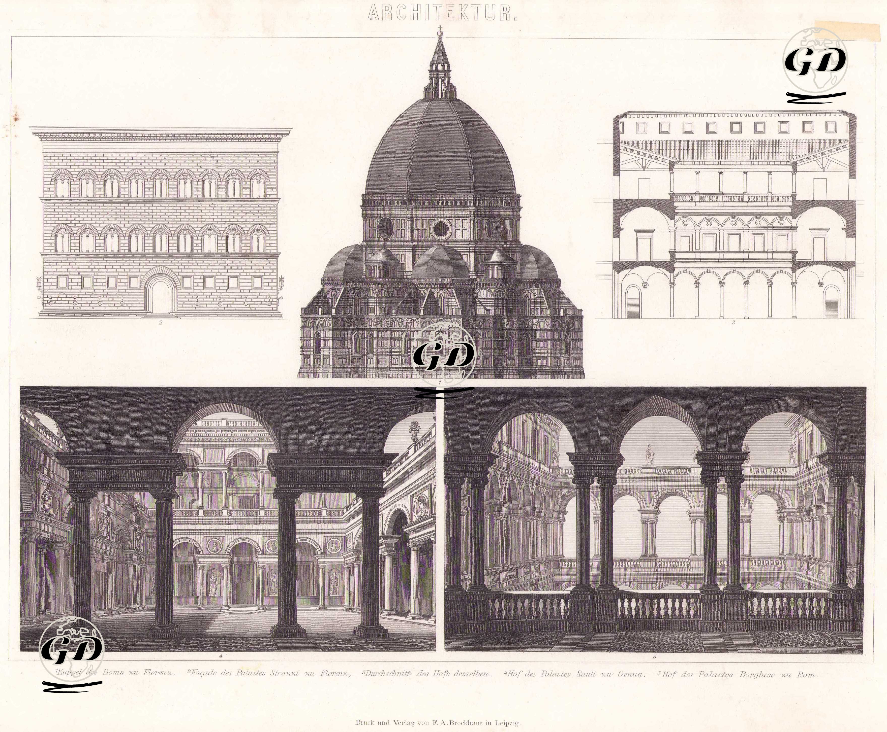 Mimari (Floransa ve Roma’da Erken Rönesans Mimarisi) 1. Floransa Katedrali’nin Kubbesi 2. Floransa’daki Palazzo Strozzi’nin Cephesi 3. Aynı Yapının Avlusunun Kesiti 4. Cenova’daki Palazzo Sauli’nin Avlusu 5. Roma’daki Palazzo Borghese’nin Avlusu -  - 1875