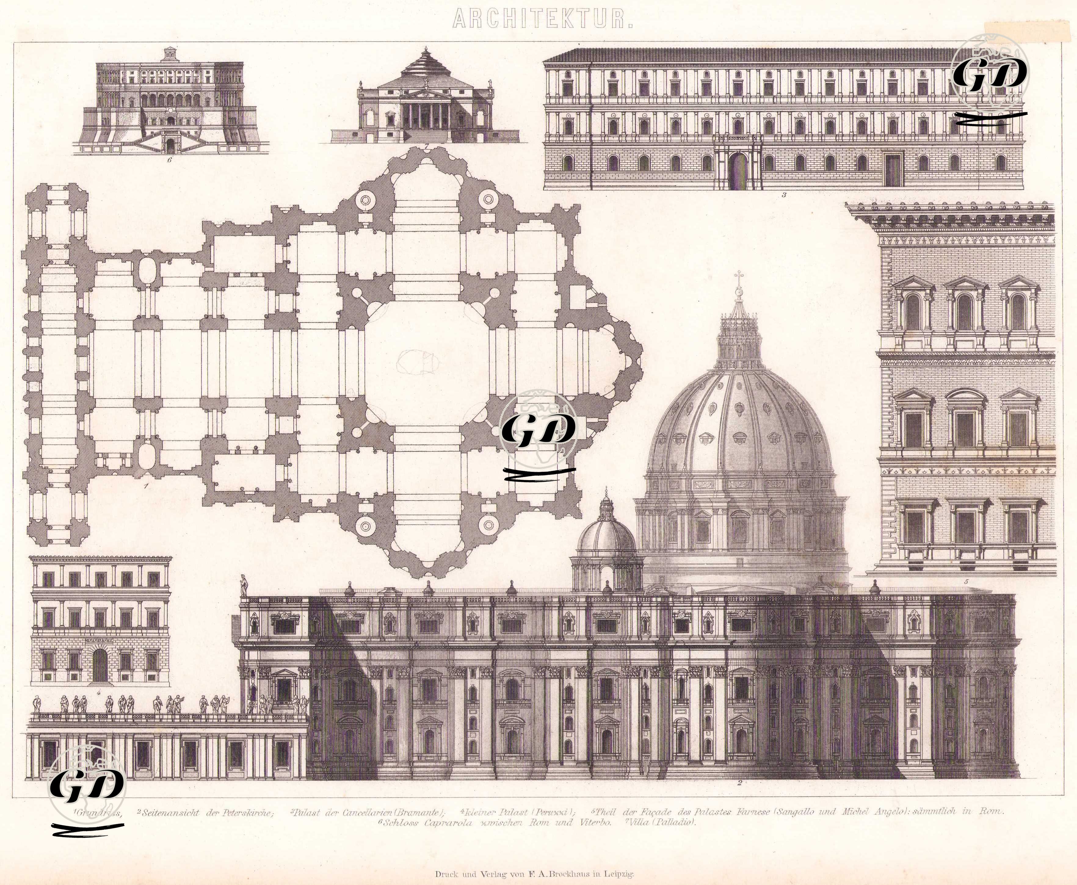 Mimari (Aziz Petrus Bazilikası ve Roma Sarayları) 1. Plan Görünümü 2. Aziz Petrus Bazilikası’nın Yan Cephe Görünümü 3. Papalık Şansölyeliği Sarayı (Bramante) 4. Küçük Saray (Peruzzi) 5. Farnese Sarayı’nın Cephe Bölümünün Bir Kısmı (Sangallo ve Michelangelo), (Hepsi Roma’dadır) 6. Caprarola Şatosu (Roma ile Viterbo Arasında) 7.Villa Palladio -  - 1875