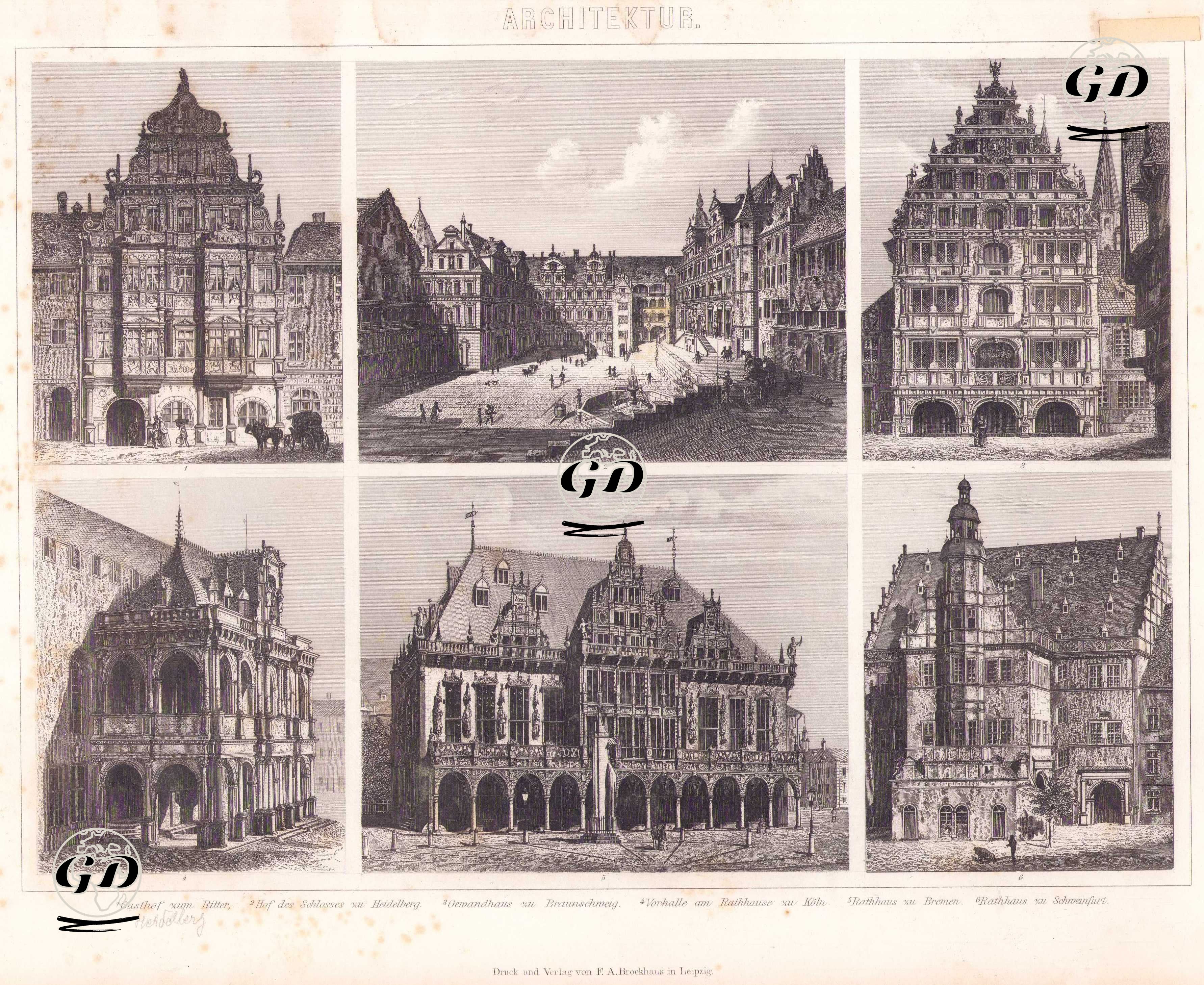 Architektur (Deutsche Renaissance. Rathäuser - German Renaissance Town Halls) 1.Gasthof zum Bitter (“Gasthof zum Bitter” Inn) 2. Hof des Schlosses zu Heidelberg (Courtyard of Heidelberg Castle) 3. Gewandhaus zu Braunschweig (Guildhall in Braunschweig) 4. Vorhalle am Rathhause zu Köln(Porch of the Town Hall in Cologne) 5. Rathhaus zu Bremen (Town Hall of Bremen) 6. Rathhaus zu Schweinfurt (Town Hall of Schweinfurt) -  - 1875