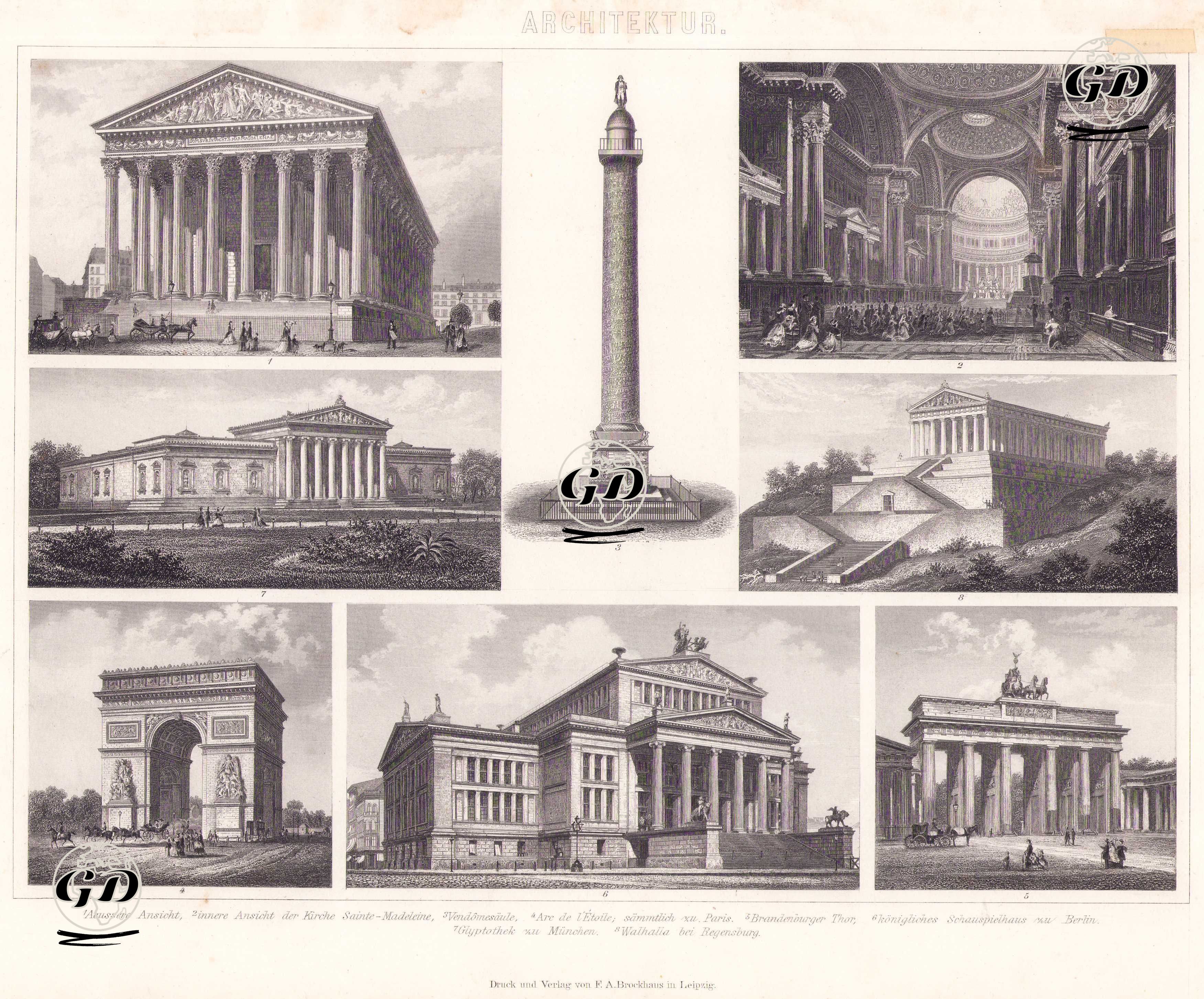 Mimari (Klasisizm ve Neo-Rönesans Dönemi) 1. Sainte-Madeleine Kilisesi’nin Dış Görünüşü 2. Sainte-Madeleine Kilisesi’nin iç Görünüşü 3. Vendome Sütunu 4. Arc de l’Etoile (Zafer Takı), Paris 5. Brandenburg Kapısı 6. Berlin Kraliyet Tiyatrosu 7. Münih Glyptothek’i (Heykel Müzesi) 8. Regensburg Yakınlarında Walhalla Anıtı -  - 1875