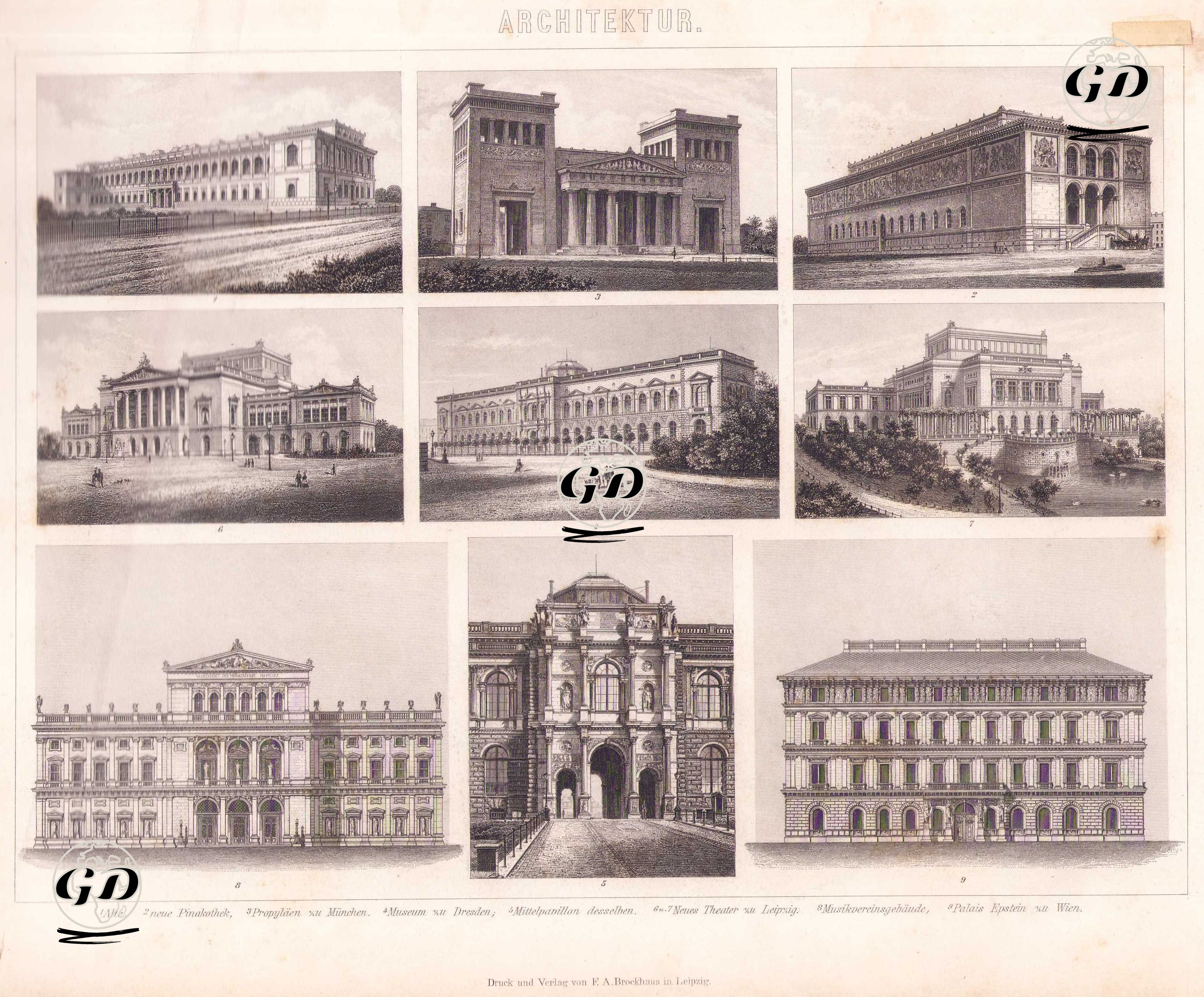 Mimari (19. Yüzyılın Modern Mimarlığı) 1. Eski Pinakothek 2. Yeni Pinakothek 3. Münih’te Propylaia 4. Dresden Müzesi 5. Aynı yapının Orta Pavyonu 6.-7. Leipzig’te Yeni Tiyatro 8. Müzik Derneği Binası 9. Viyana’da Palais Epstein -  - 1875