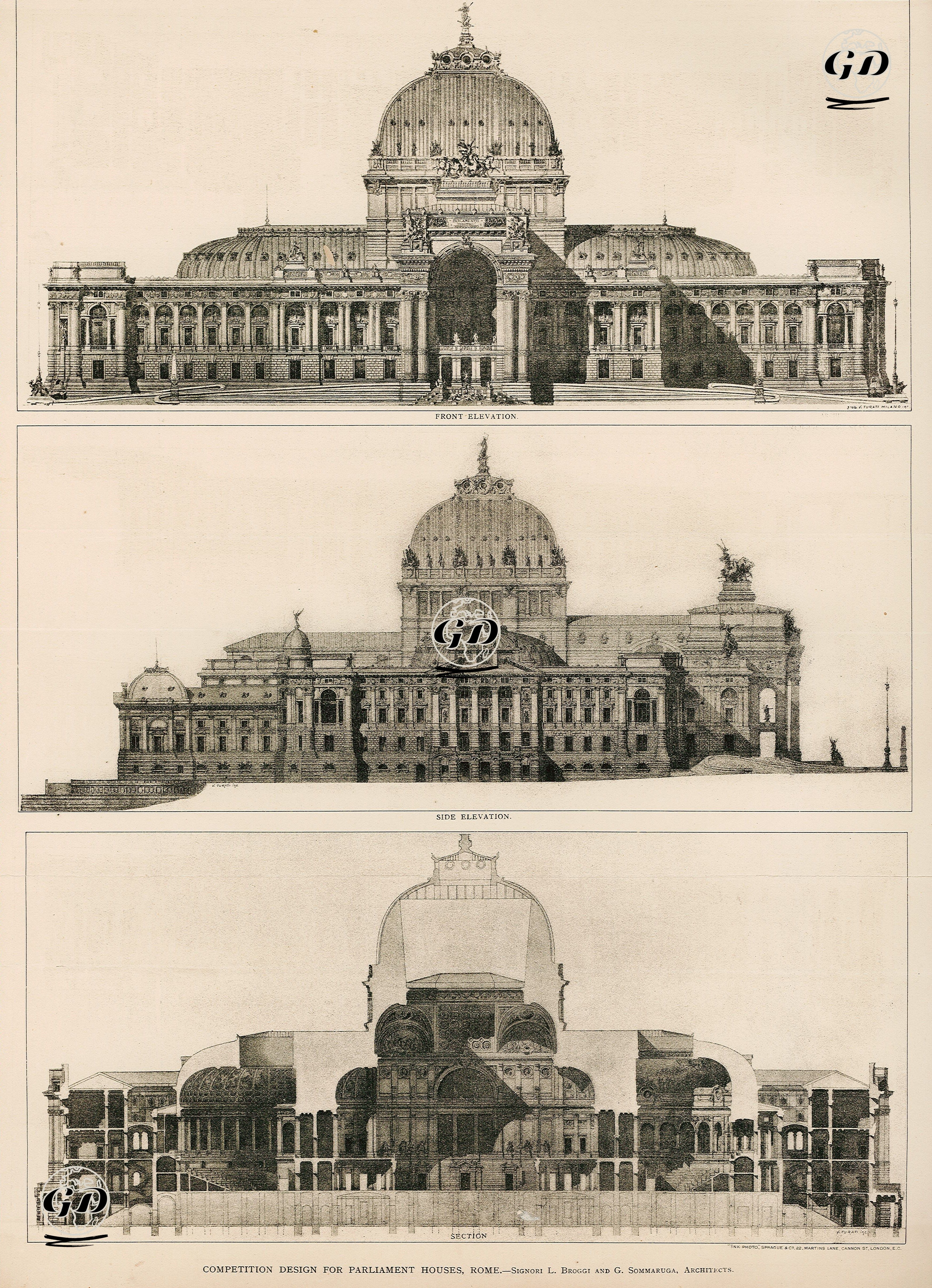 Competition Design For Parliament Houses, Rome-Signori L. Broggi And G. Sommarugai Architects -  - 1890