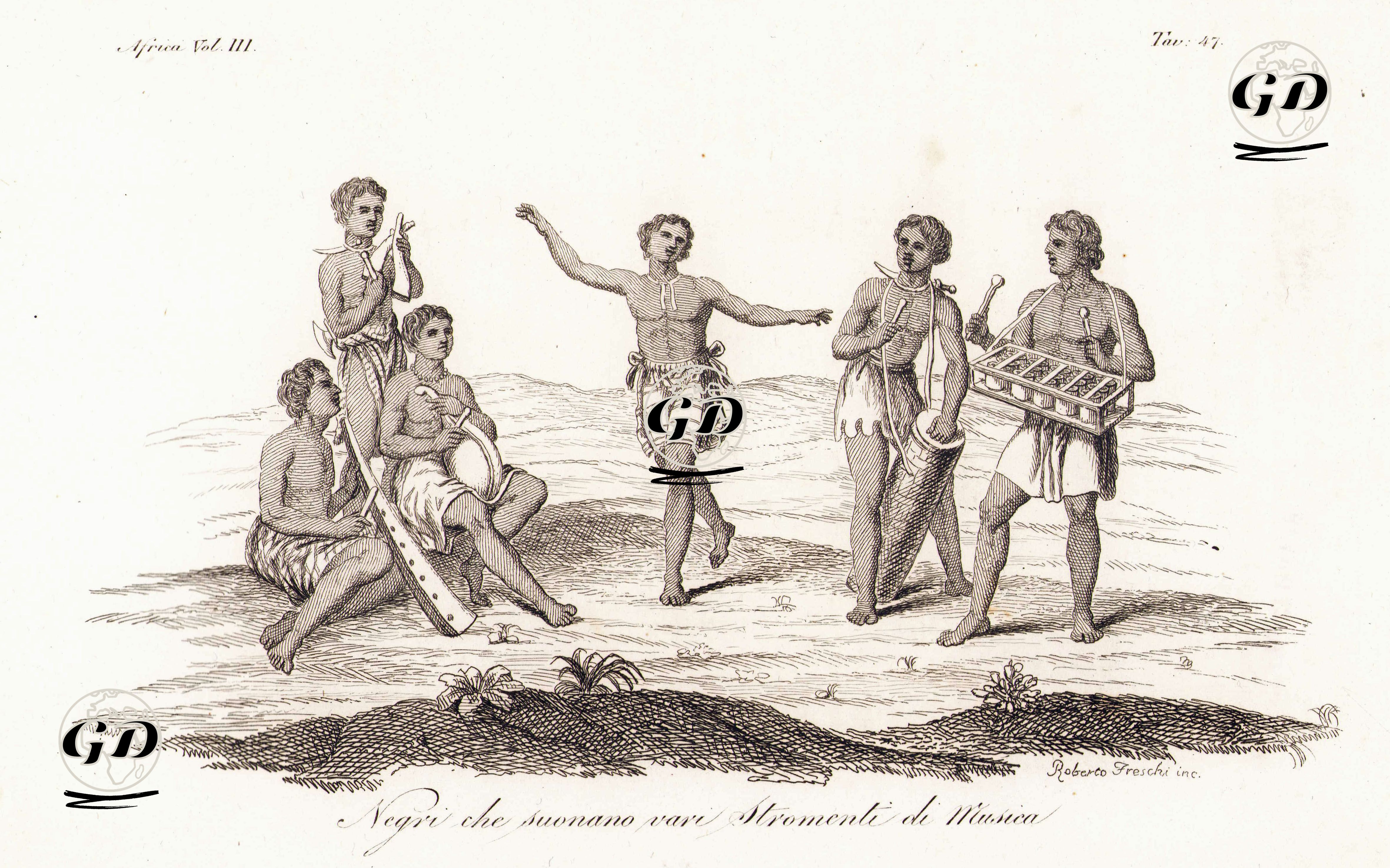 Negri Che Suonano Vari Stromenti Di Musica, Africa Vol.III. Tav.47. (Natives Of The Kingdom Of Kongo Playing Various Musical instruments And Dances) -  - 1820's-1840's