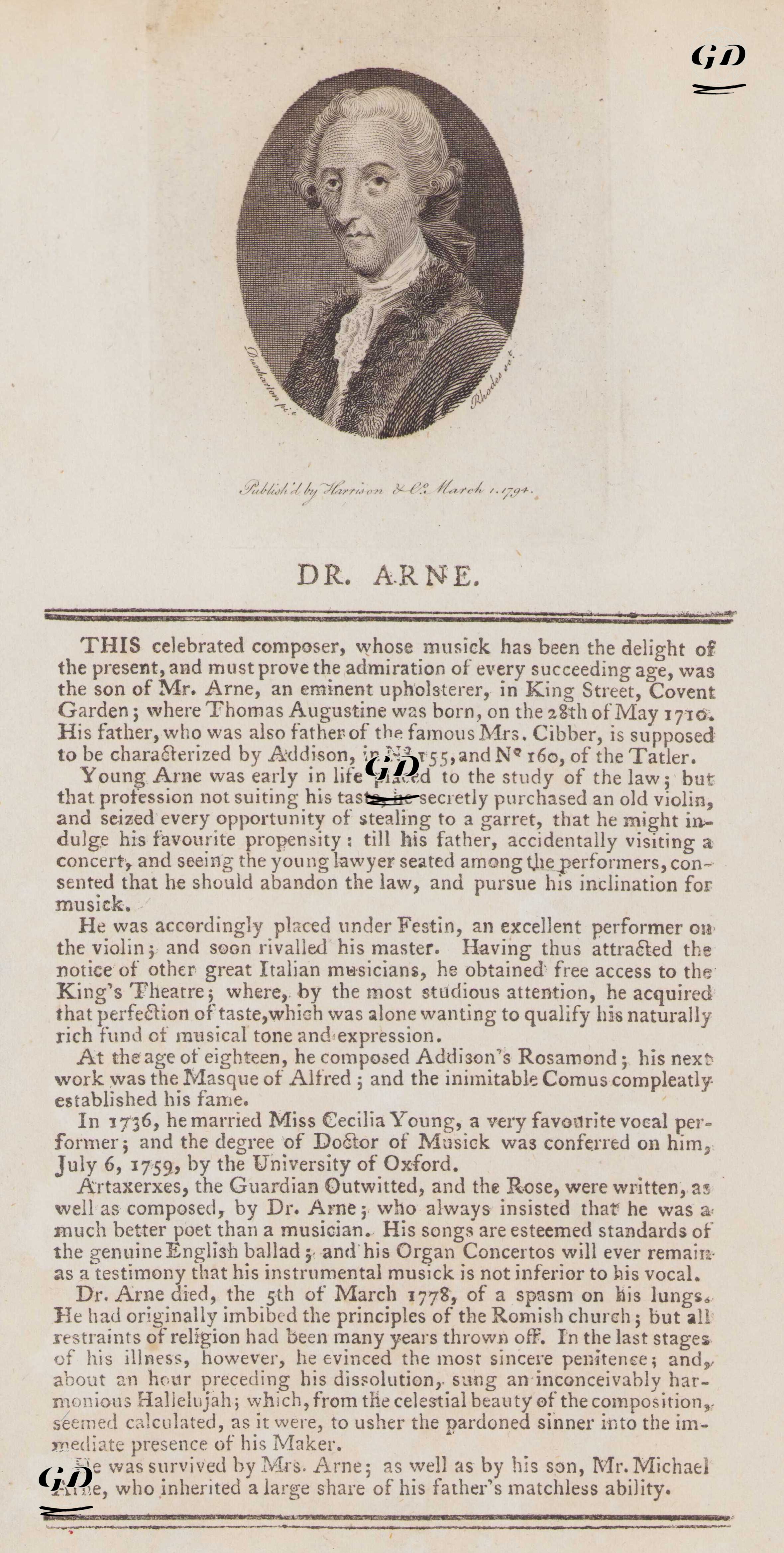 Thomas Arne - Robert Dunkarton (1744-1799) - 1794