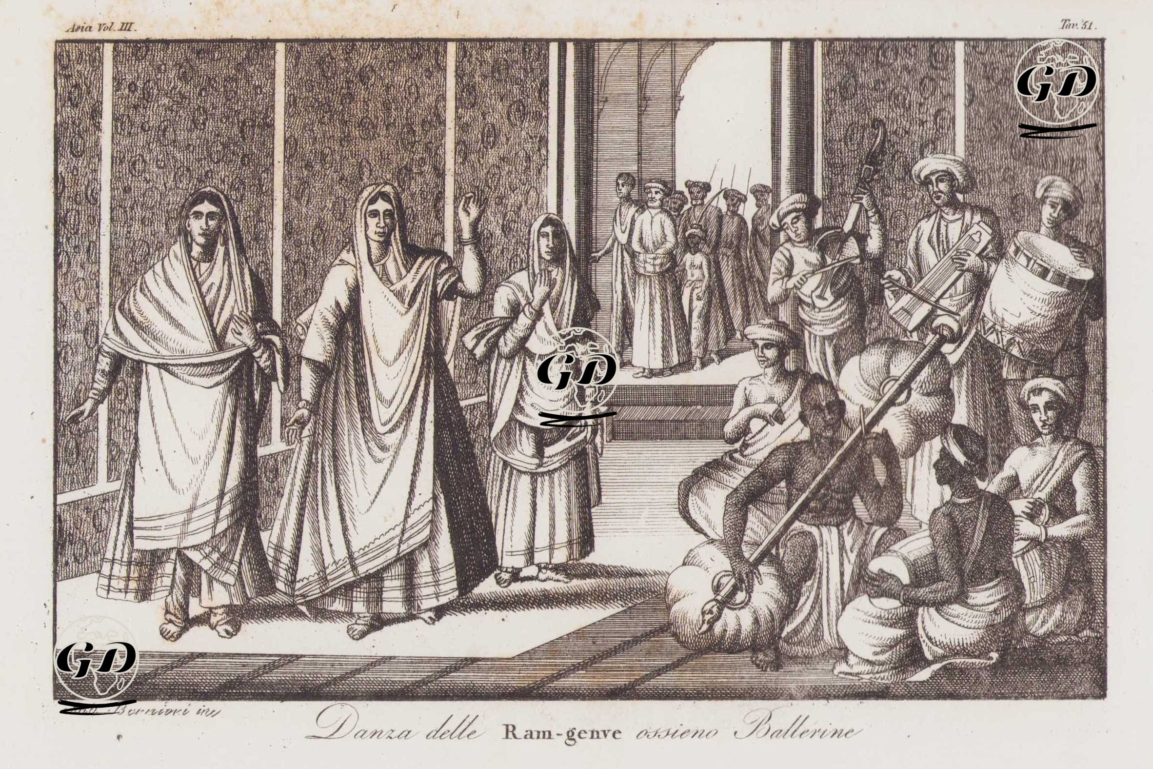 Danza Delle Ram-genve Assieno Ballerine, Asia Vol. III Tav.51. (Nautch or Ramjani Girls Dancing to Music From Kuplyans or Bin, Dhol Drums, Tabla, and Other String and Percussion Instruments) -  - 1820's-1840's
