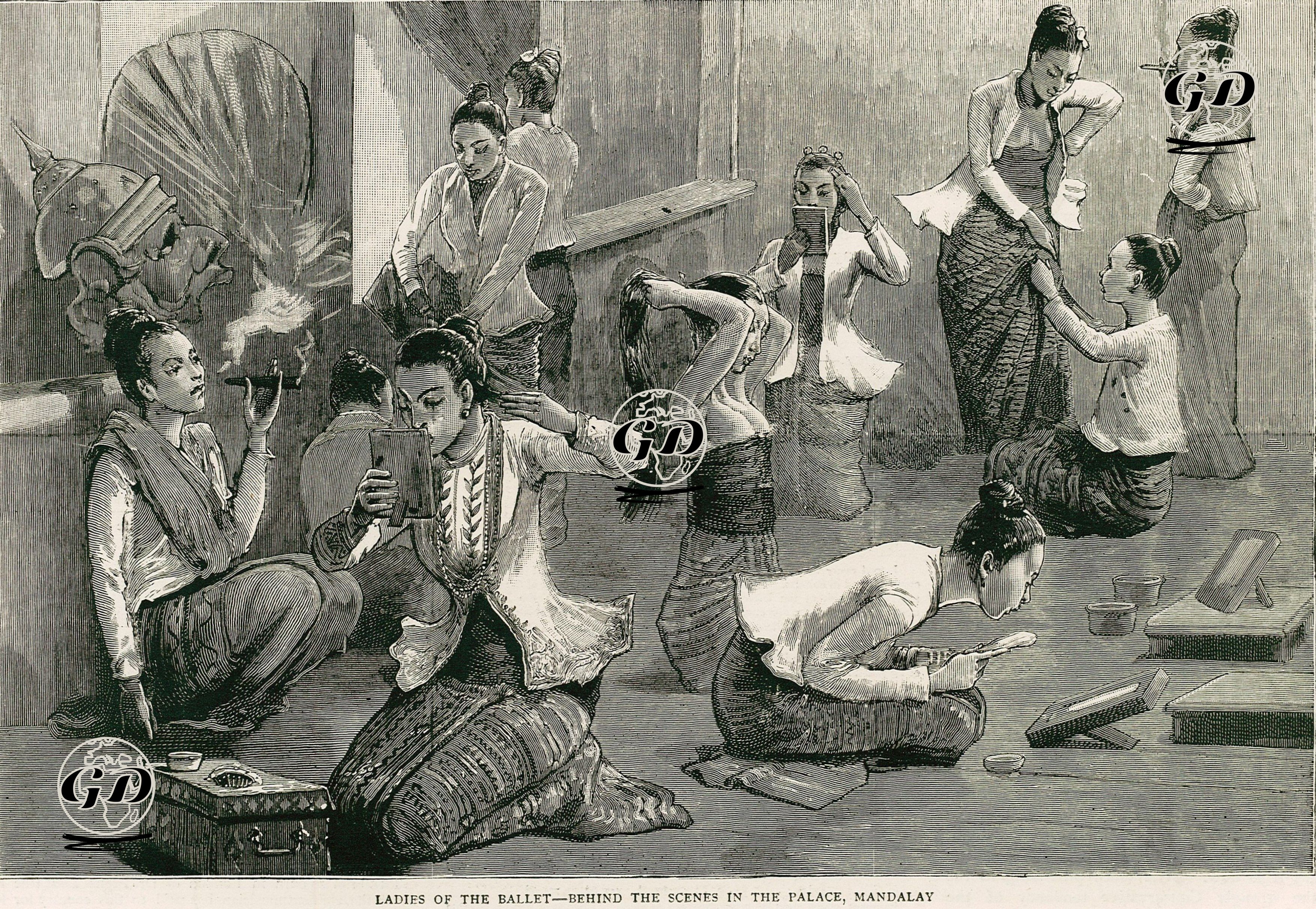 Ladies Of The Ballet-Behind The Scenes In The Palace, Mandalay, Burma  - F.Villiers - 1886