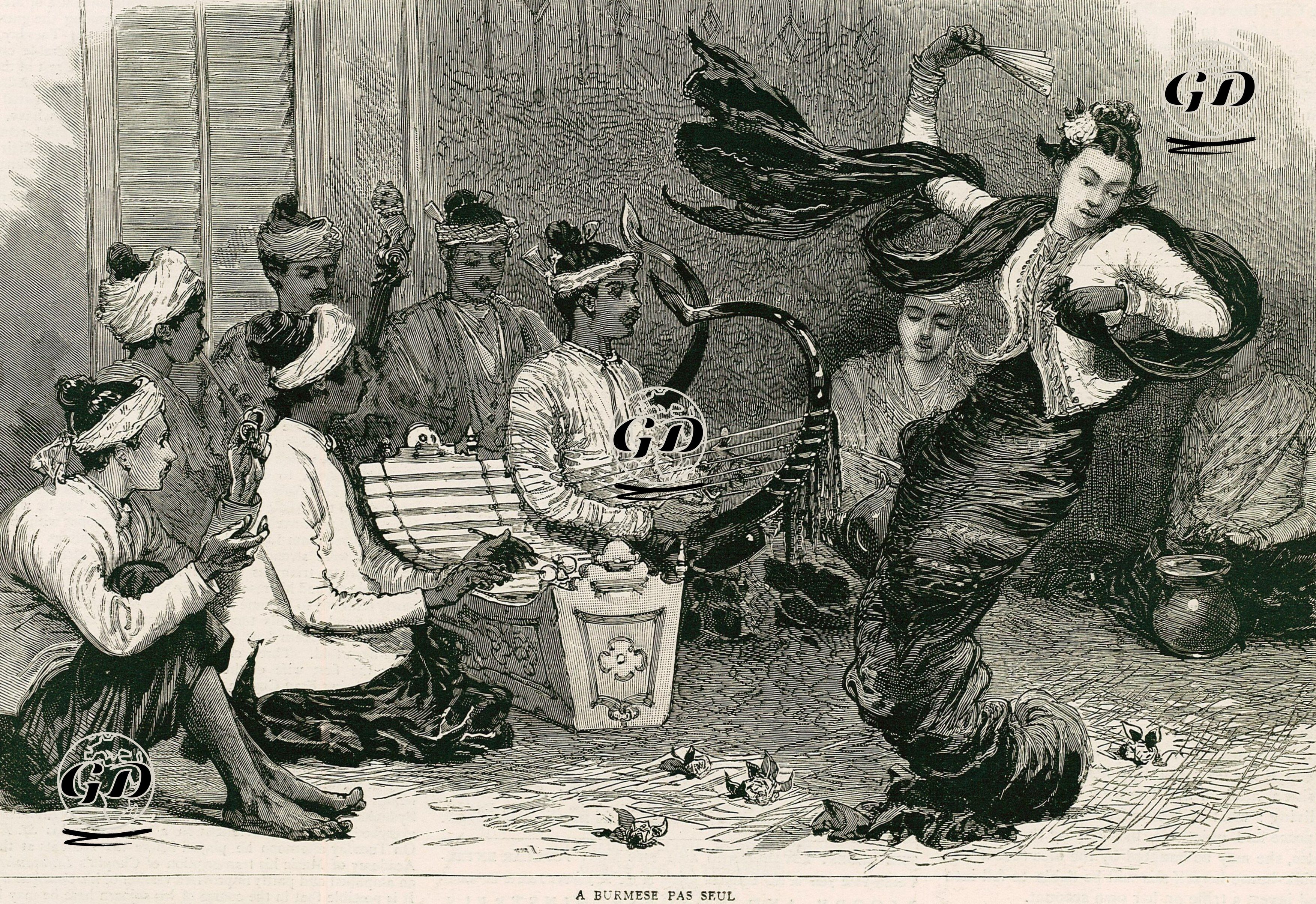 Burma'lı (Myanmar) Müzisyenler ve Dansçı  - F.Villiers - 1886