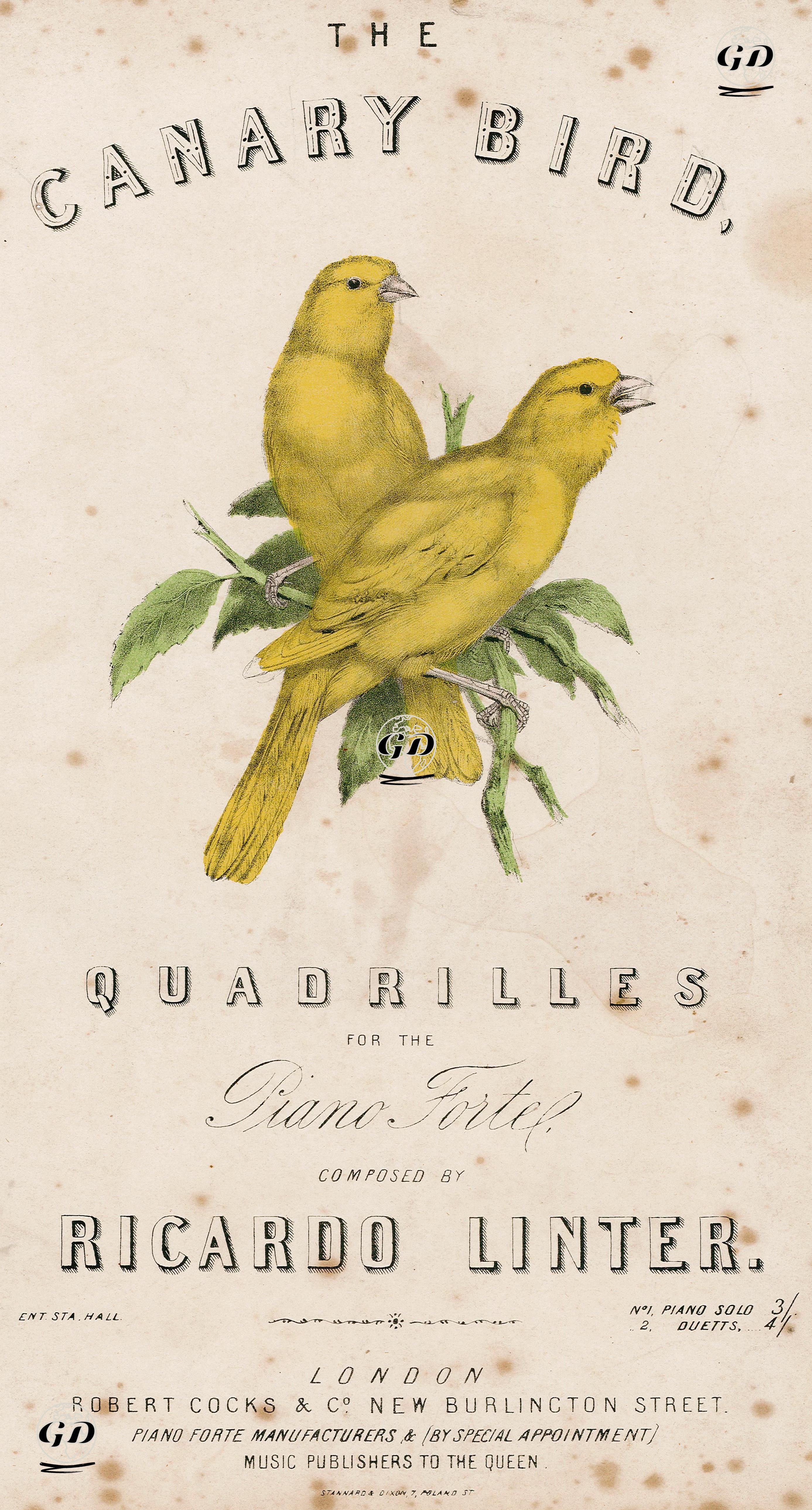 The Canary Bird, Quadrilles For The Piano Forte Composed By Ricardo Linter -  - 1860's