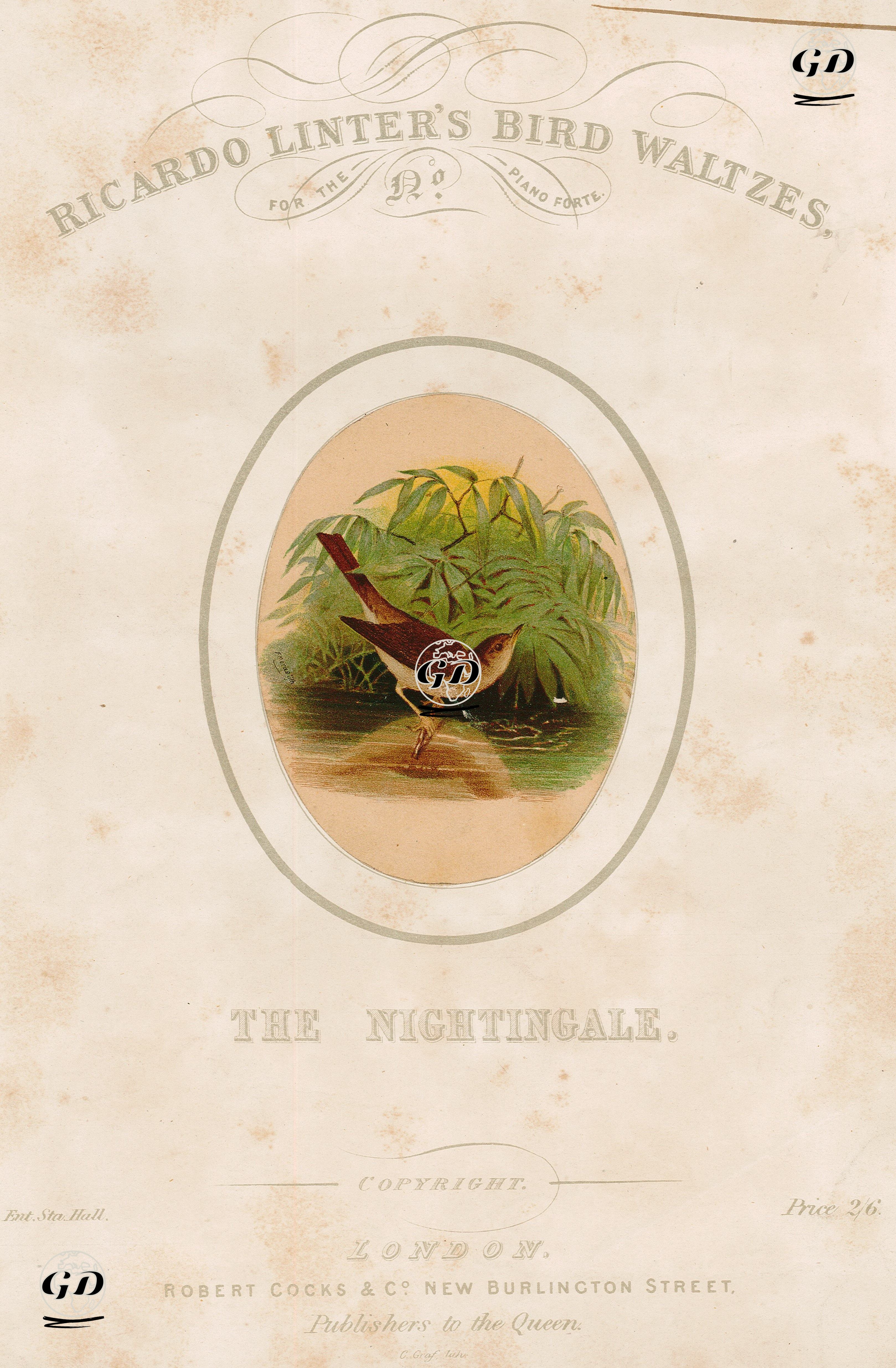 The Nightingale, Ricardo Linter's Bird Waltzes For The Piano Forte -  - 1850's