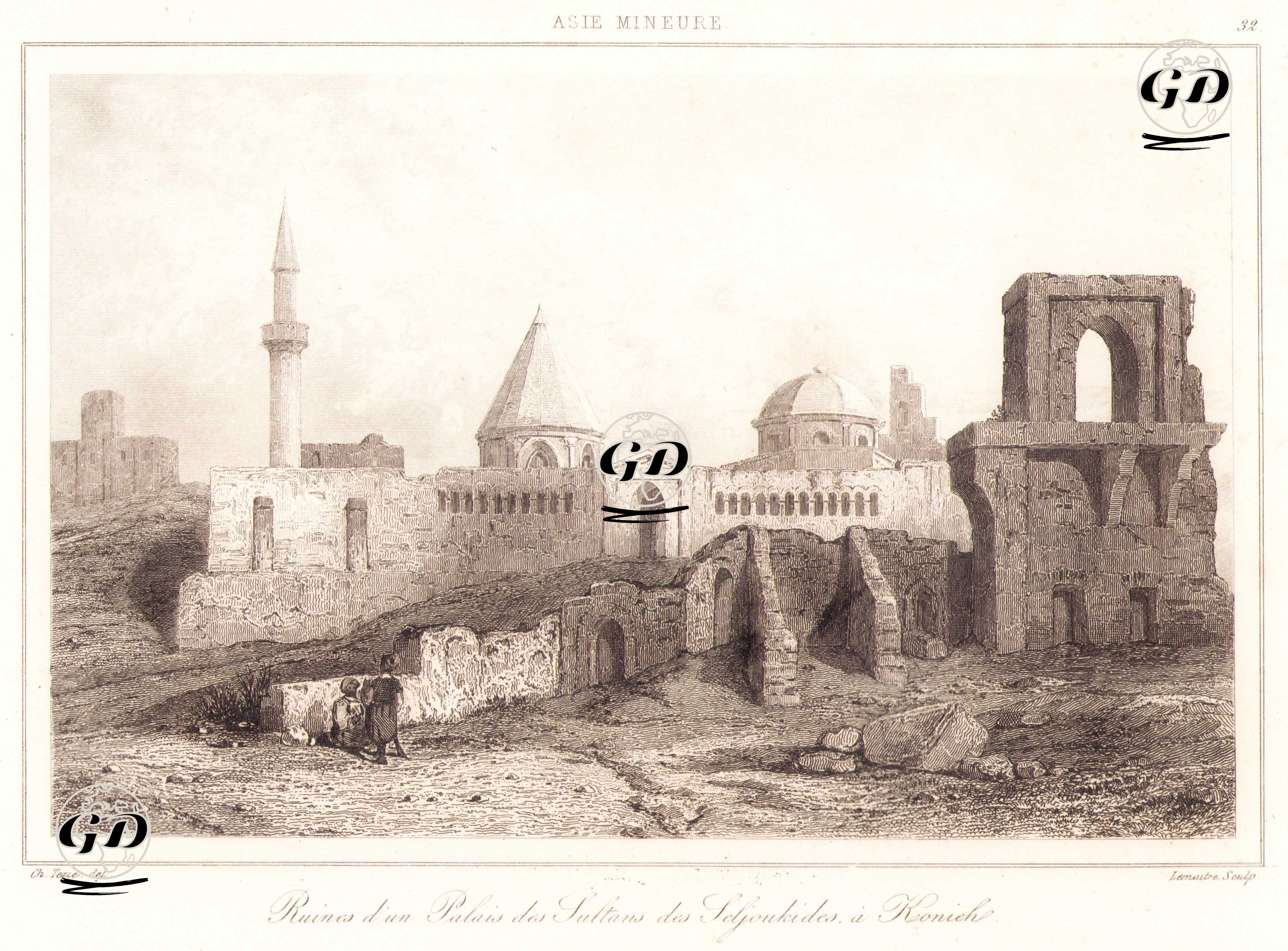 Alaeddin Cami, Sultanlar Türbesi, II. KılıçArslan Köşkü, Eflatun Mescidi ve Alaeddin Köşkü (Selçuklu Sarayı) Kalıntıları, Konya - Charles Felix Marie Texier (1802-1871) - 1863