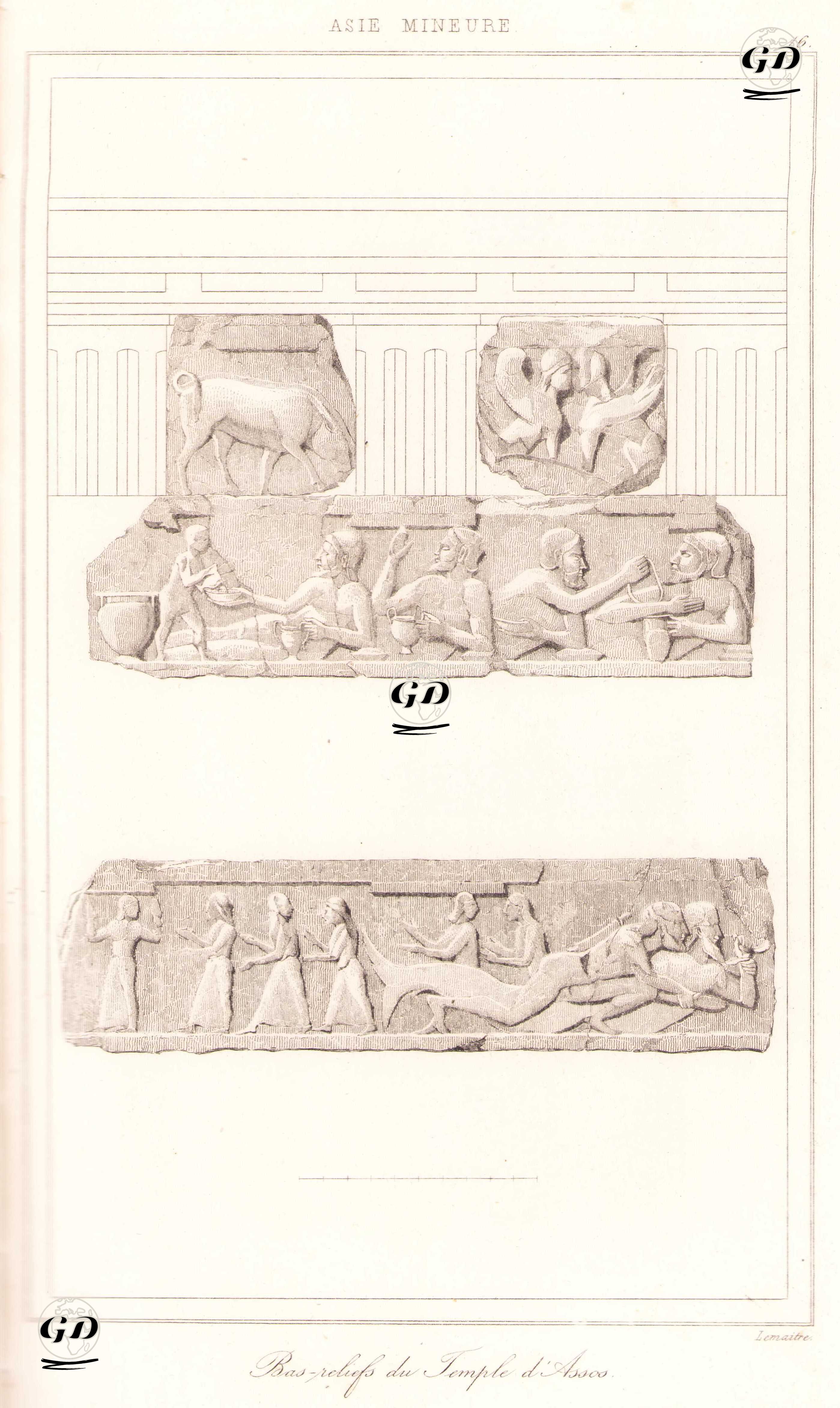 Assos Athena Tapınağı'nın Duvar Kabartmaları (Alt kısımdaki resim "Herakles ve Triton Savaşı"), Çanakkale  - Charles Felix Marie Texier (1802-1871) - 1863