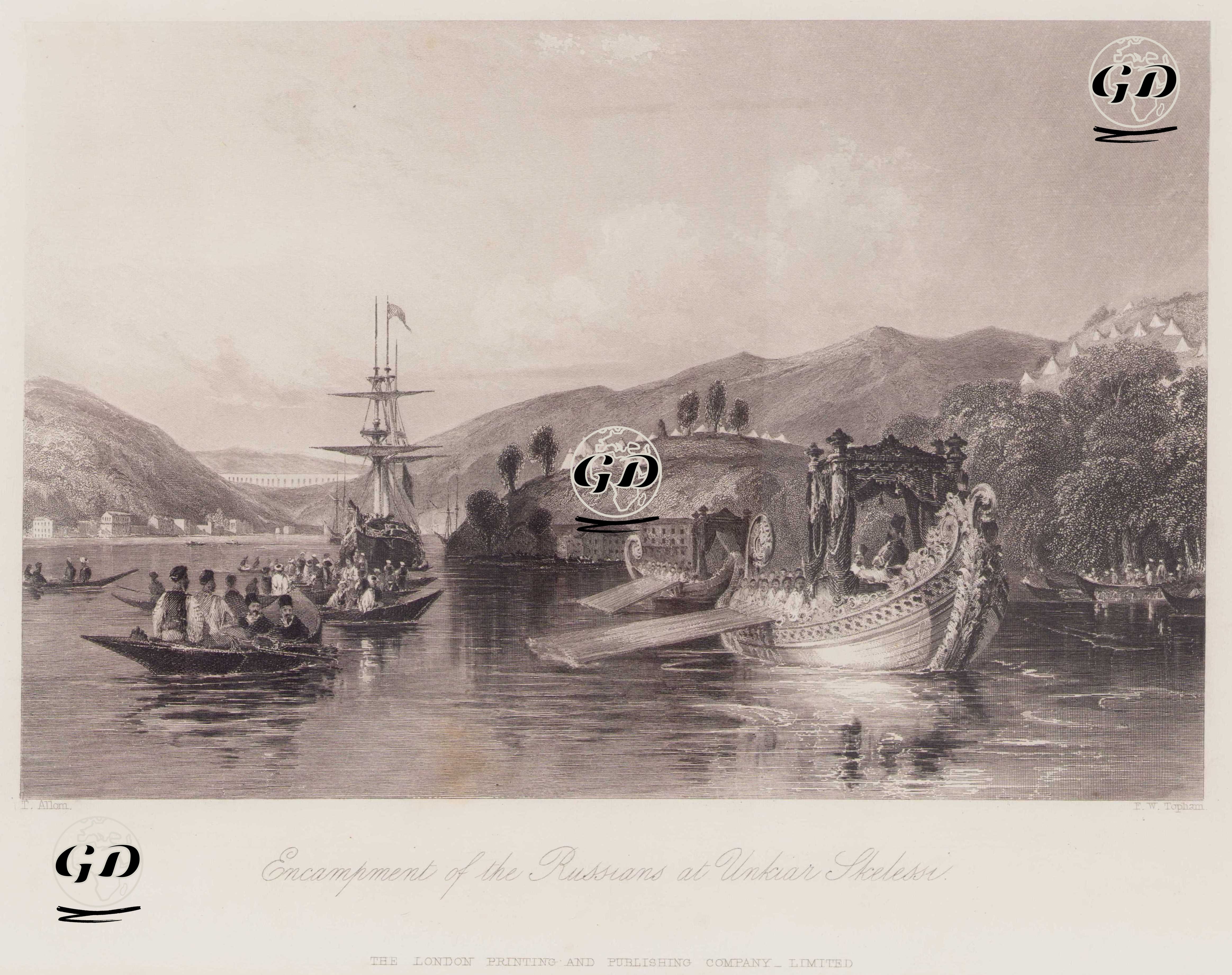 Padişah II. Mahmud'un 1833 Temmuz Ayında İstanbul Beykoz'da Bulunan Rus Askeri Kampını Ziyaretinden Sonra Hünkar İskelesinden (Hünkar Anlaşmasına İsmini Veren) Ayrılışı - Thomas Allom (1804-1872) - 1850's