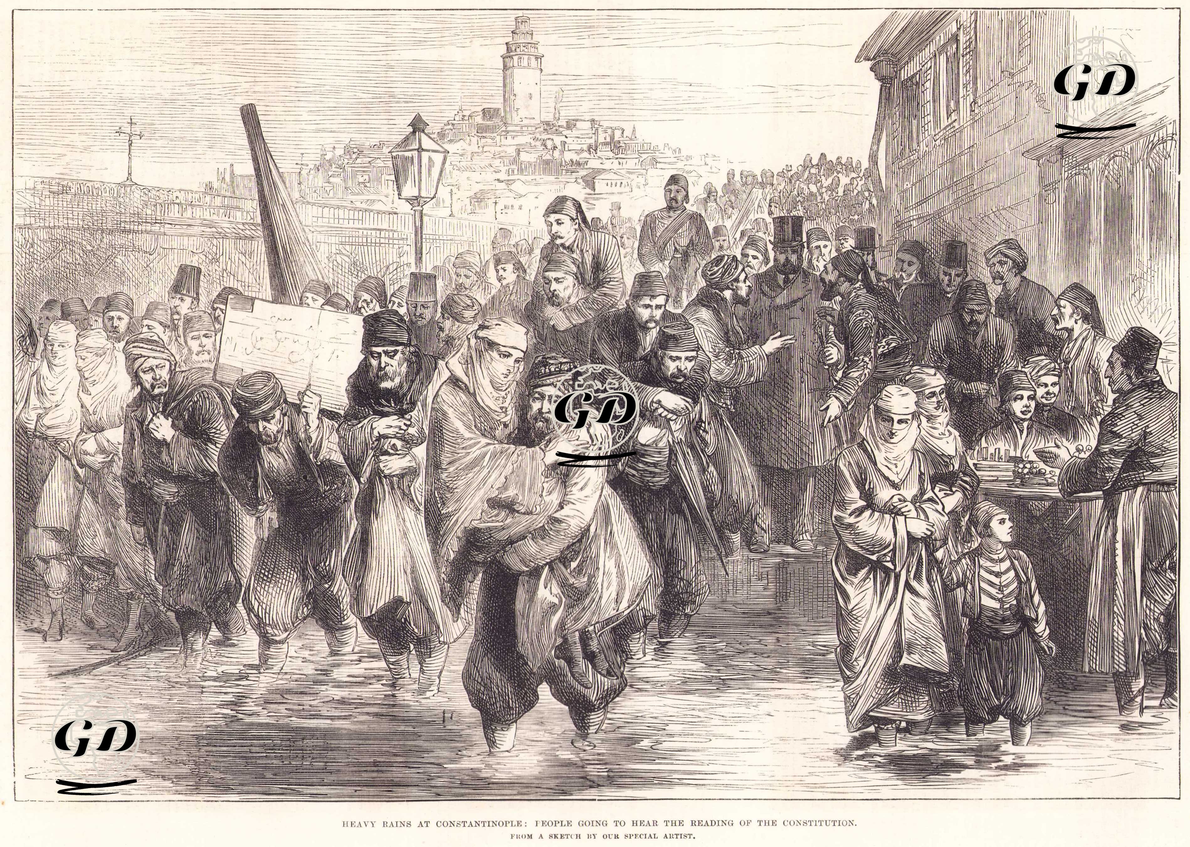 İstanbul’da Şiddetli Yağmur Altında Anayasanın Okunuşunu Dinlemeye Gidenler - Melton Prier (1845-1910) - 1877