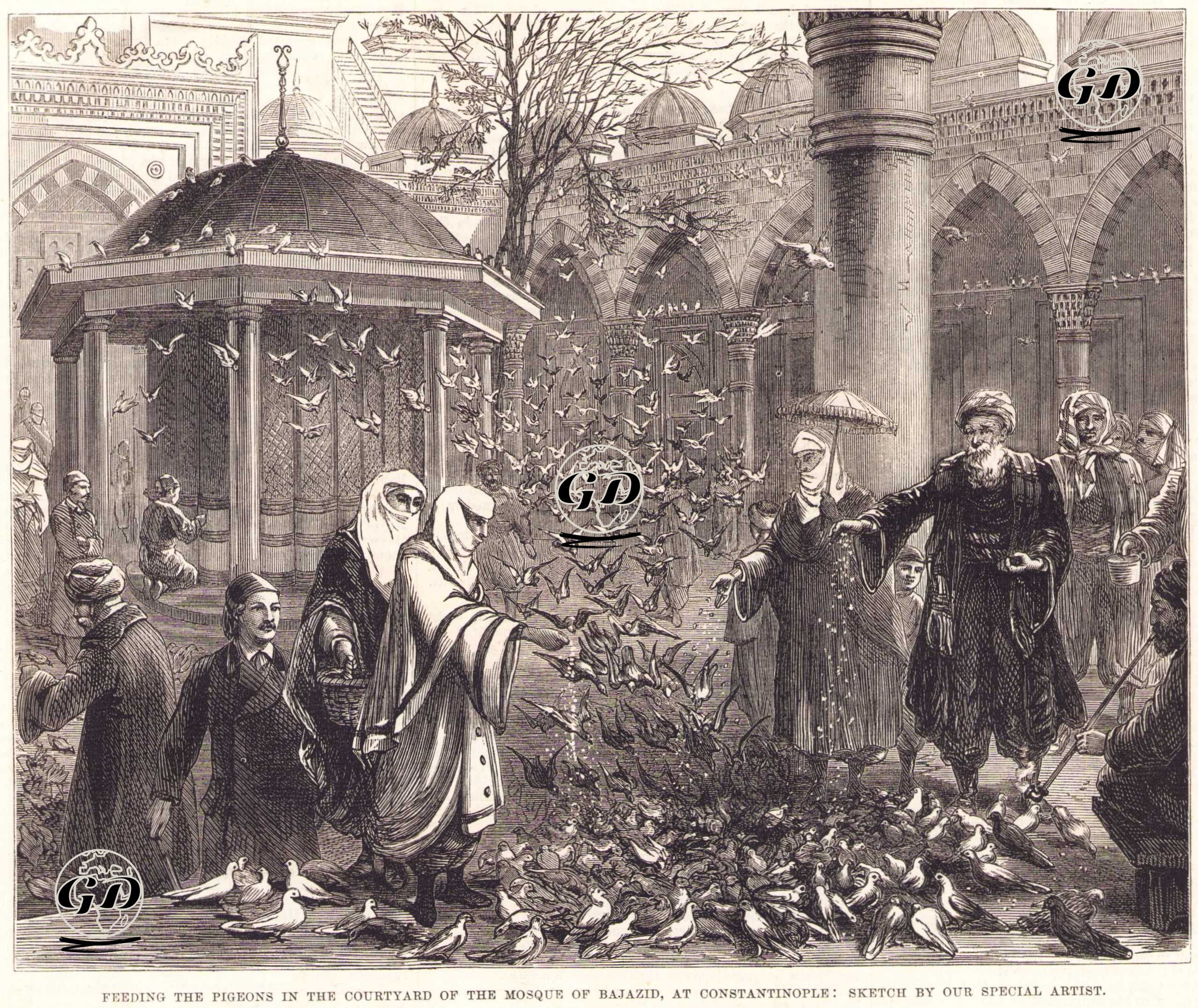 İstanbul’daBeyazıt Camii Avlusunda Güvercinleri Besleyenler -  - 1877