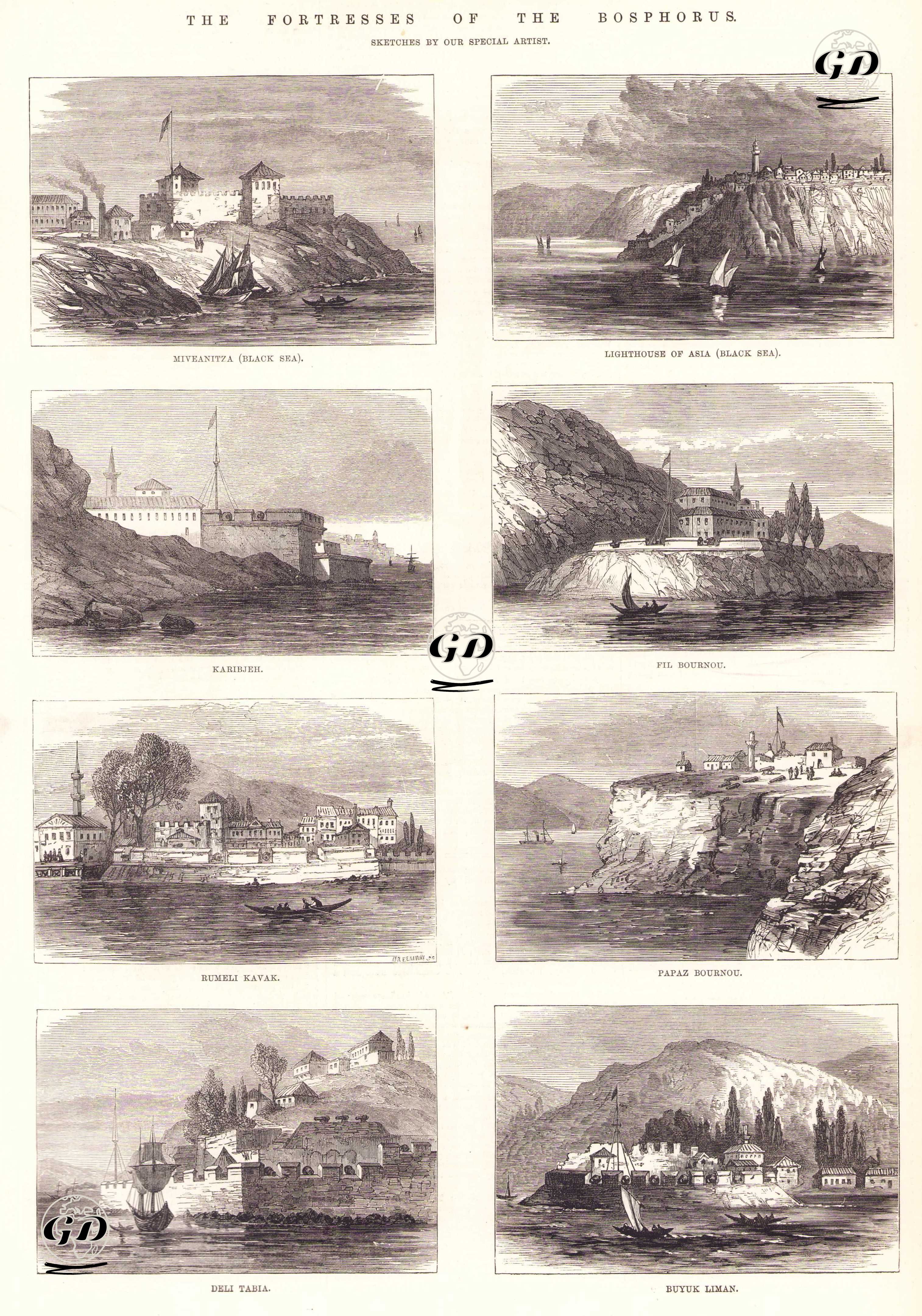 Boğaziçi Kaleleri: Rumeli Feneri Kalesi - Anadolu Feneri - Karibjeh - Fil Burnu Tabyası - Rumeli Kavak - Papas Burnu Tabyası - Deli Tabya - Büyük Liman Tersanesi Kalesi - Melton Prier (1845-1910) - 1877
