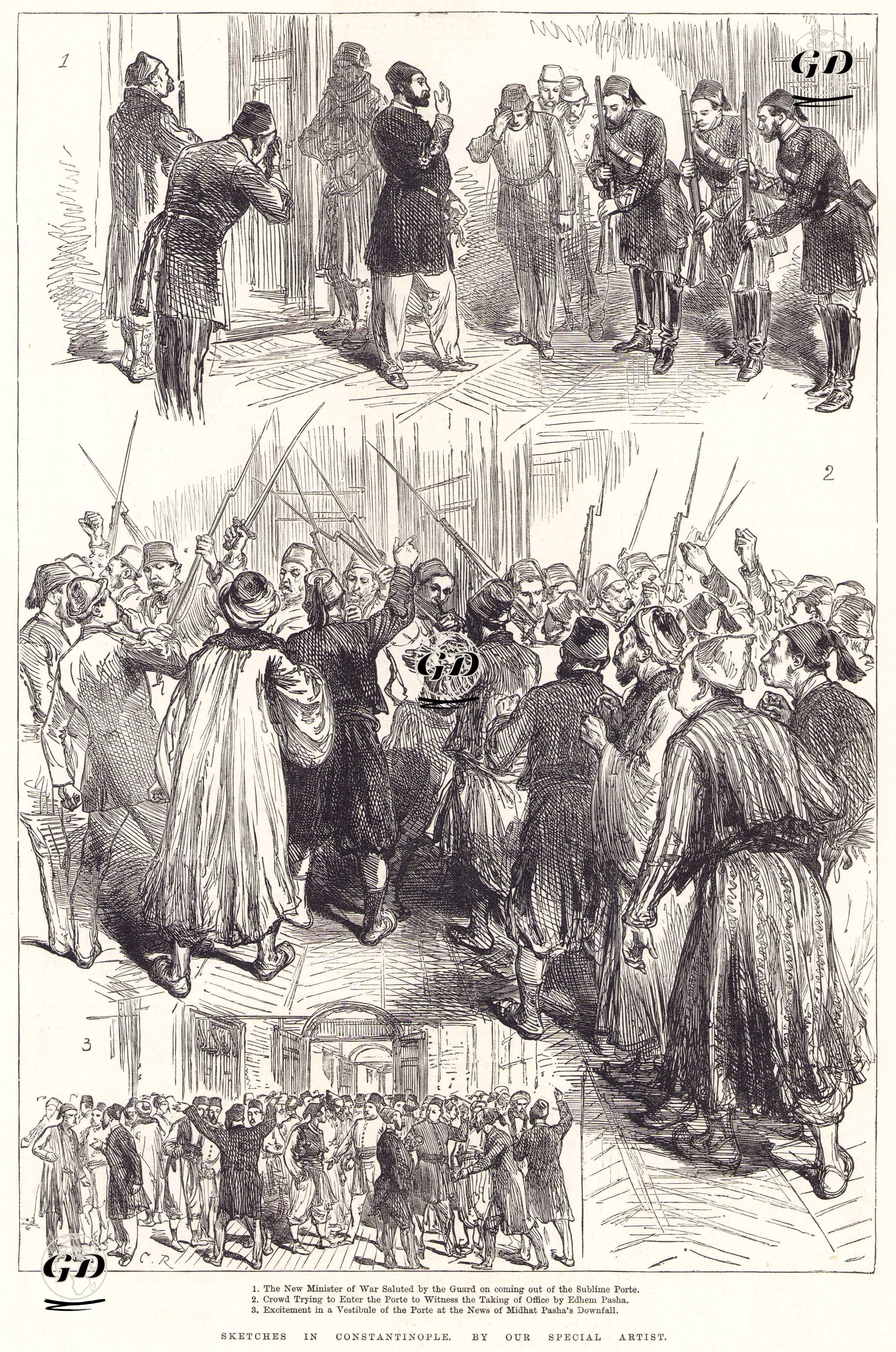 İstanbul Eskizleri: 1. Yeni Harbiye Nazırının Babıali’den Çıkarken Askerler Tarafından Selamlanması 2.Sadrazam Edhem Paşa’nın Göreve Atanmasına iliskin Padişahlık Fermanını Dinlemek İçin Halkın Babıali’ye Akın Etmesi 3.Midhat Paşa’nın Görevden Alındığı Haberinin Ardından Babıali’nin Giriş Salonundaki Oluşan Heyecan - C.Robinson - 1877