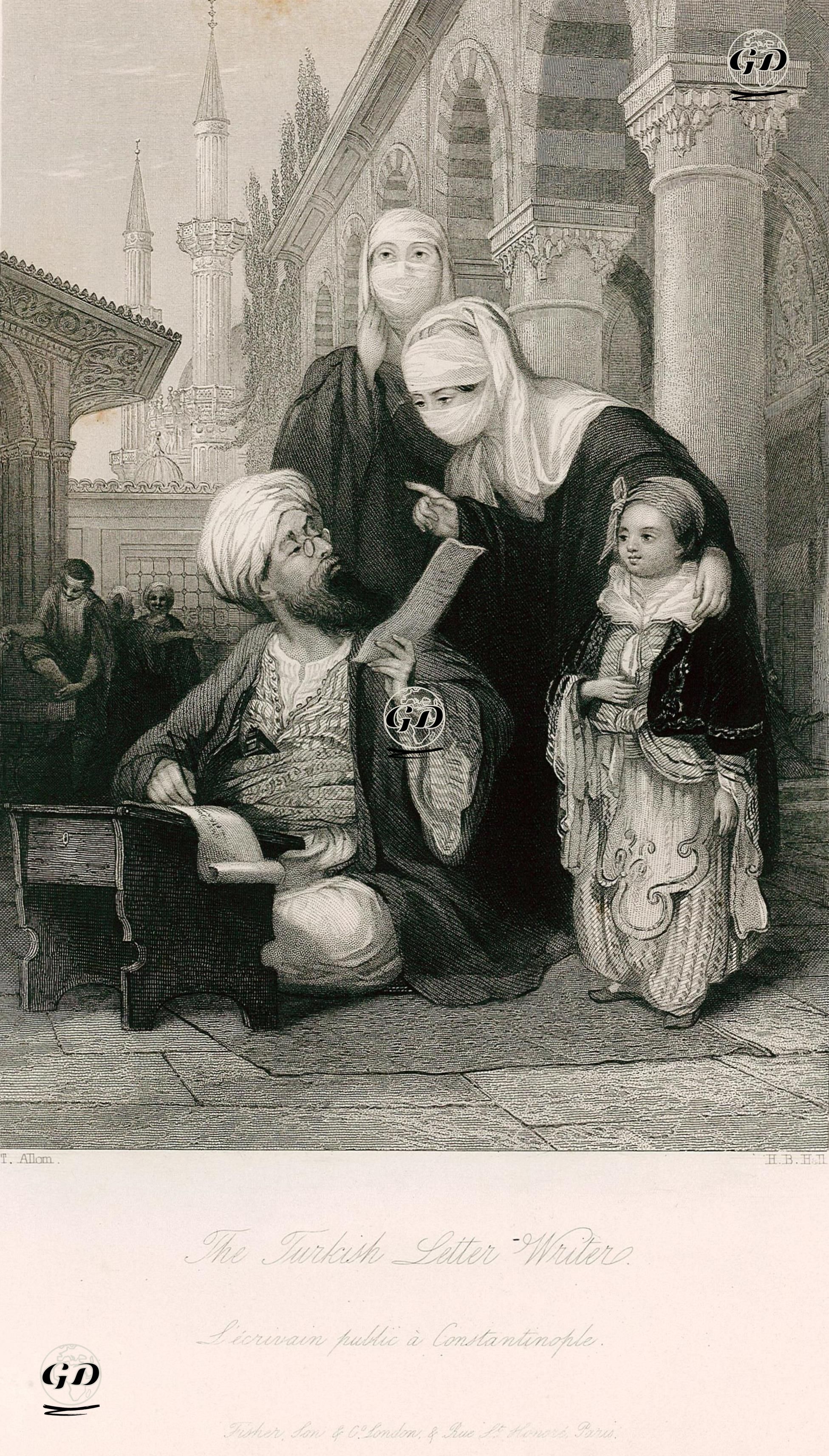 Bir Annenin Kızı İçin İstanbul'da Bir Arzuhalciye (Yazıcıya) Muska Yazdırması  - Thomas Allom (1804-1872) - 1838-1839