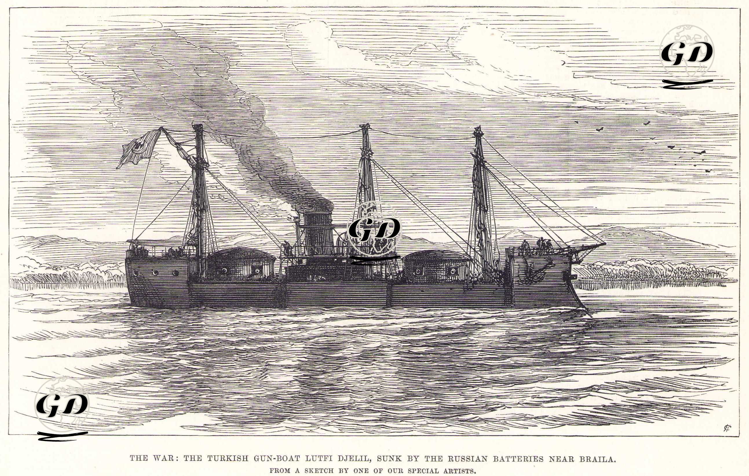 1877-1878 Osmanlı-Rus Savaşı (93 Harbi) Sırasında Rus Bataryaları Tarafından Braila Yakınlarında Batırılan Osmanlı Topçu Gemisi Lütf-i Celil -  - 1877