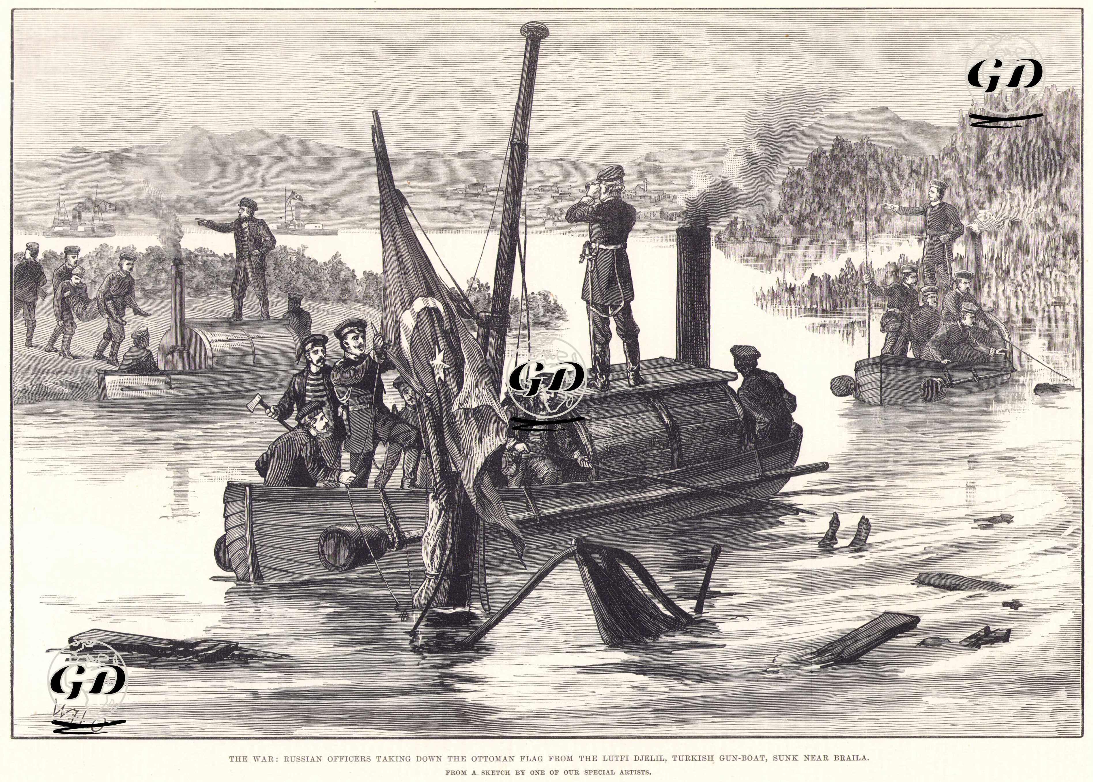 1877-1878 Osmanlı-Rus Savaşı (93 Harbi) Sırasında Rus Bataryaları Tarafından Braila Yakınlarında Batırılan Osmanlı Topçu Gemisi Lütf-i Celil'in Bayrağının Sudan Alınması - William Heysham Overend (1851-1898) - 1877