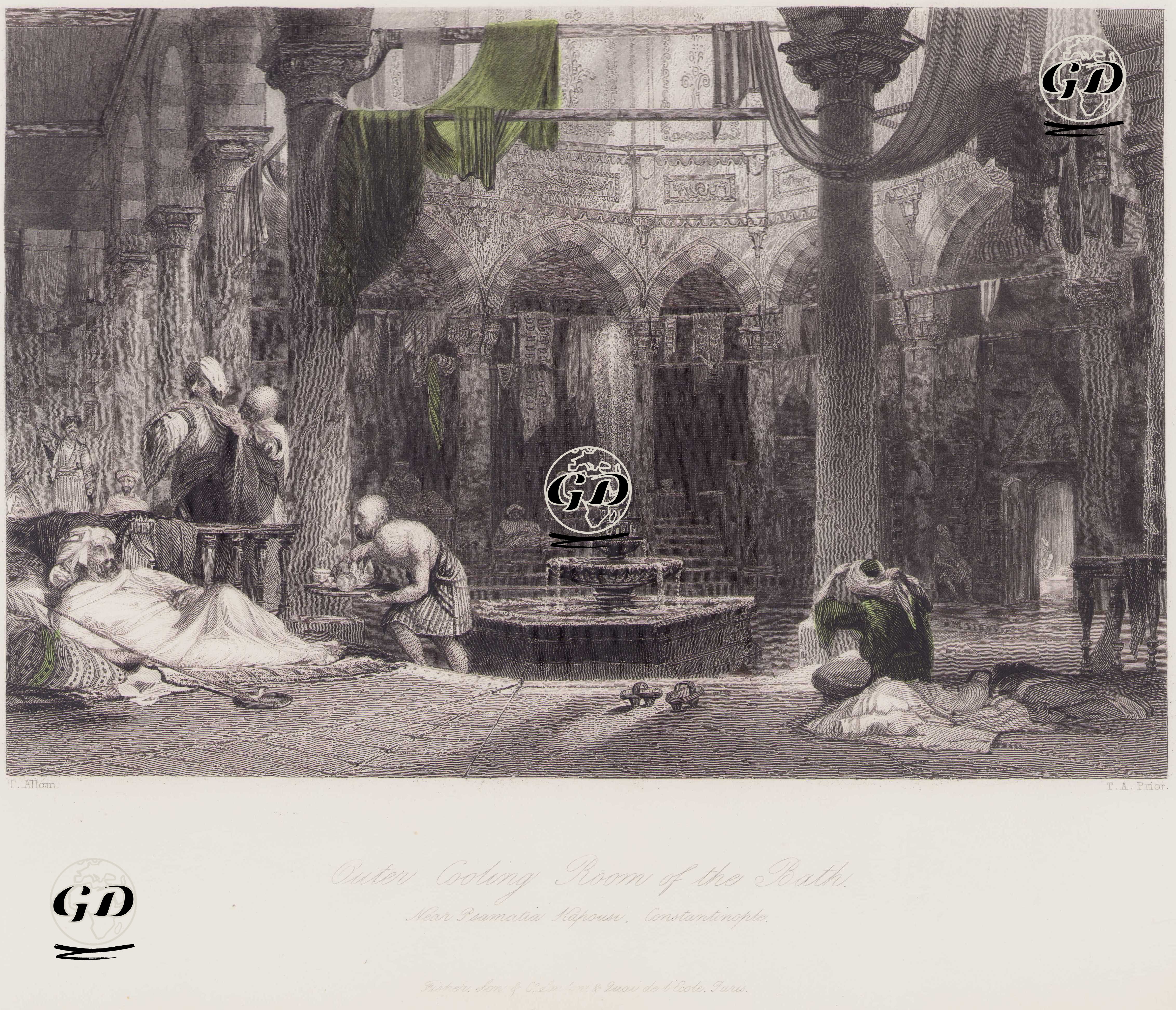 İstanbul'da Samatyadaki Ağa Hamamının Erkekler Bölümünün Serinleme (Dinlenme) Odası - Thomas Allom (1804-1872) - 1838