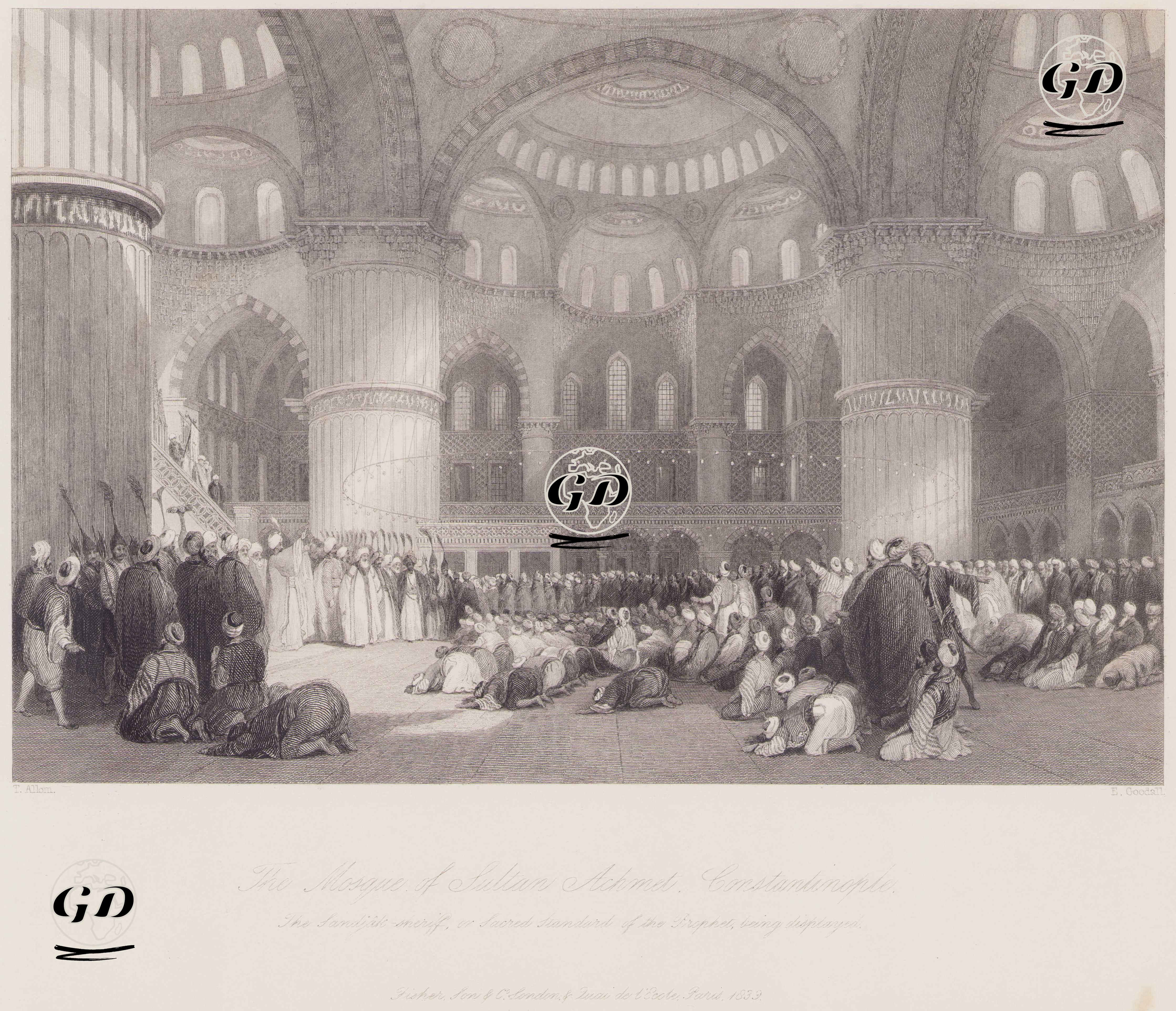 İstanbul’da Sultan Ahmet Camii - Sancak-ı Şerif’in ya da Hz.Muhammed Peygamber’in Kutsal Sancağının Çıkarılması - Thomas Allom (1804-1872) - 1839