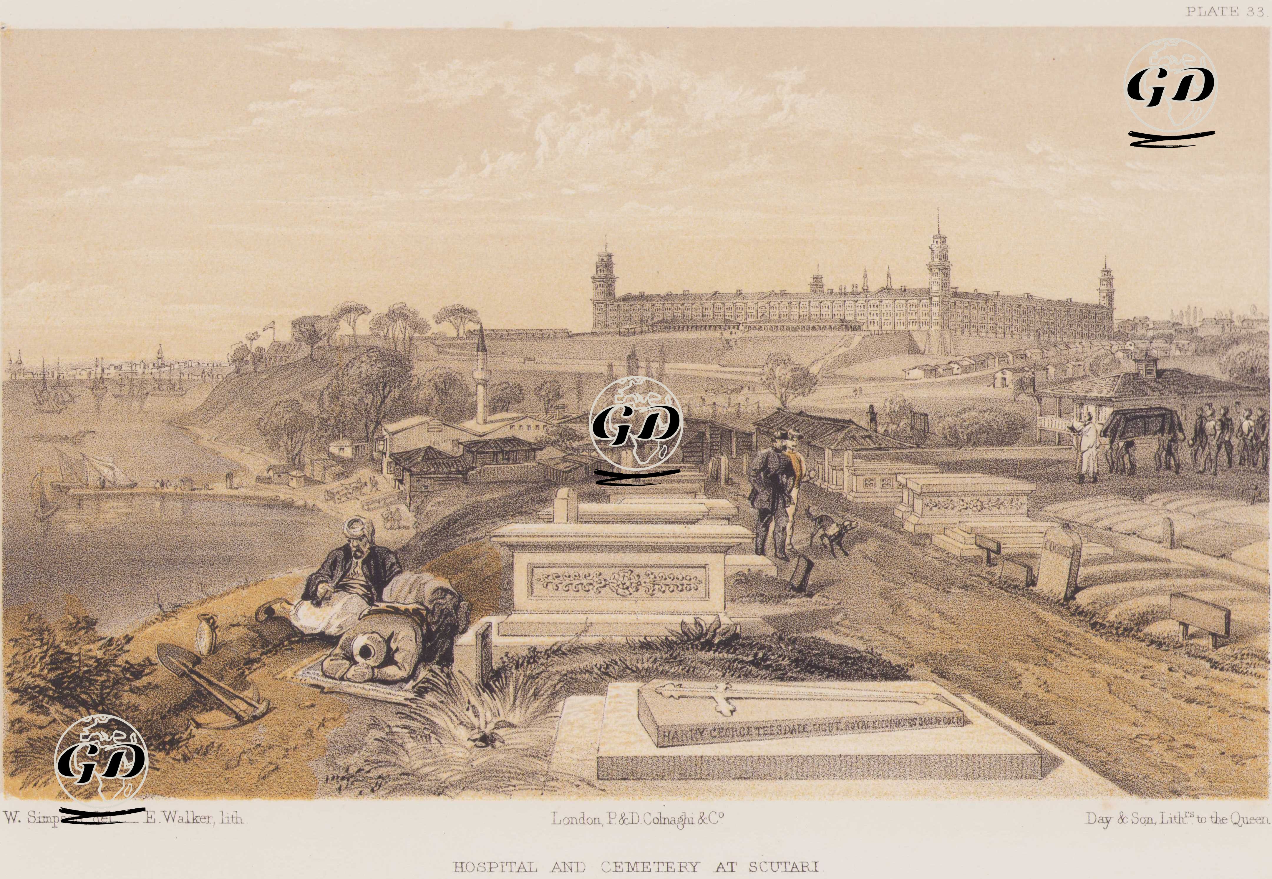 1853-1856 Osmanlı-Rus Savaşı (Kırım Savaşı) Sırasında Hastahane Olarak Kullanılan Selimiye Kışlaşı ve Ölen İngiliz Asker ve Subayların Gömüldüğü İngiliz Mezarlığı, Üsküdar (Plate 33) - William Simpson (1823–1899) - 1856
