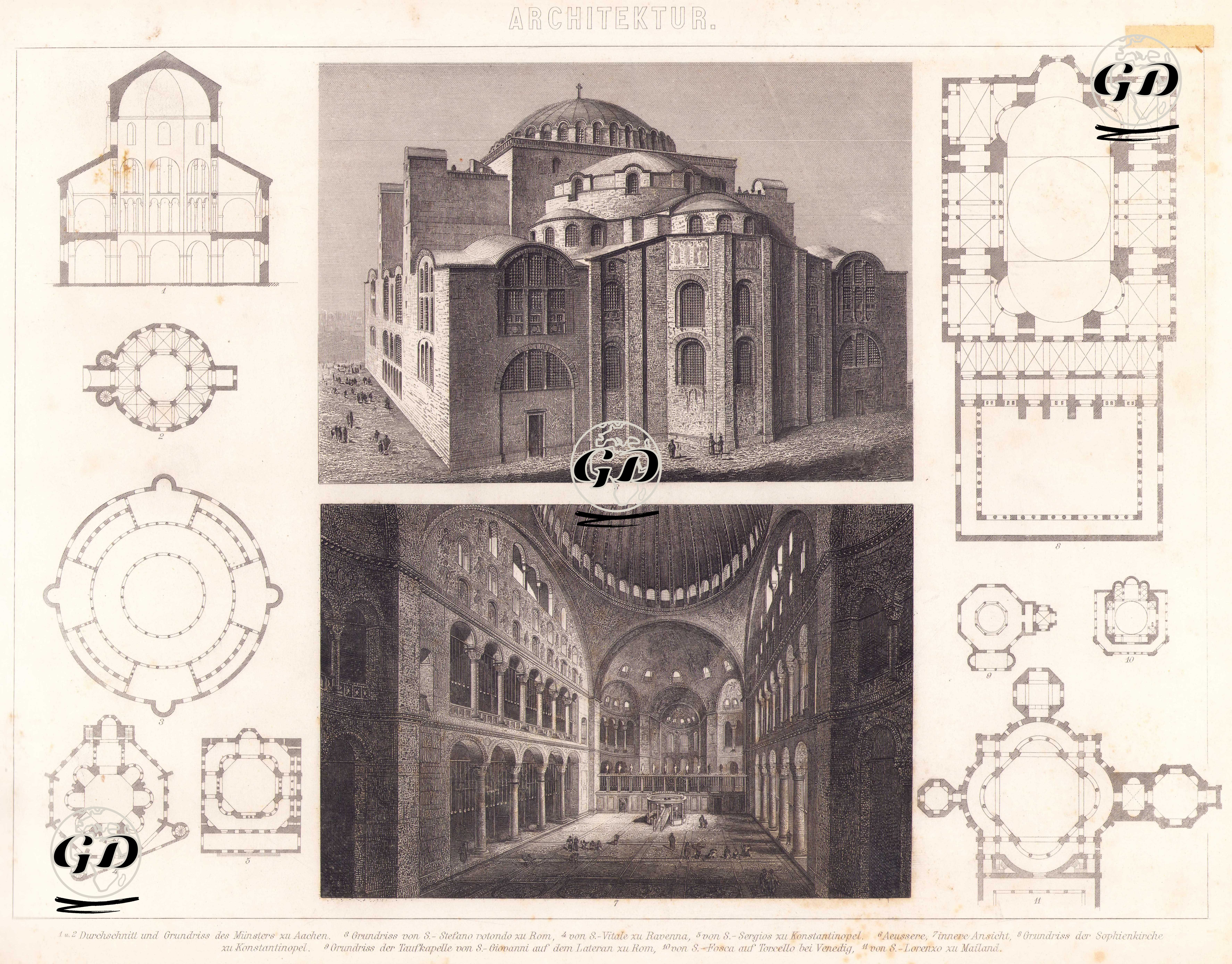 1. ve 2. Aachen Katedrali’nin Kesiti ve Planı, 3. Roma’daki S. Stefano Rotondo Kilisesinin Planı, 4. Ravenna’daki S. Vitale Kilisesinin Planı, 5. İstanbul’daki Sergios ve Bakhos Kilisesinin (Küçük Ayasofya Cami) Planı, 6. Ayasofya’nın Dıştan Görünüşü, 7. Ayasofya’nın İç Görünüşü, 8. Ayasofya’nın Planı. 9. Roma’daki S. Giovanni Laterano Vaftizhanesi’nin Planı, 10. Venedik Yakınlarındaki Torcello’da bulunan S. Fosca Kilisesinim Planı, 11. Milano’daki S. Lorenzo’nun Planı. -  - 1875