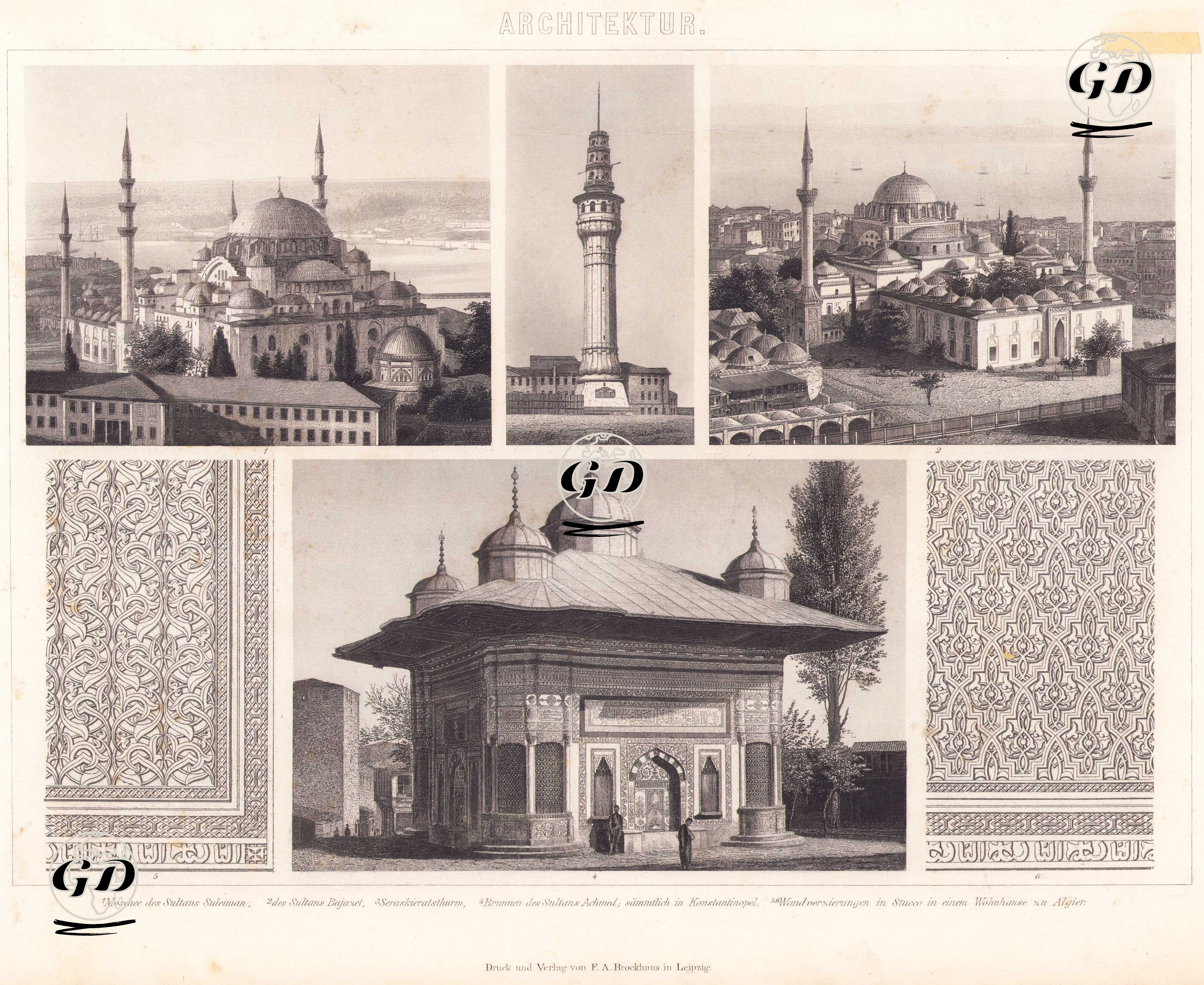 1. Süleymaniye Cami 2. Bayezid Cami 3. Serasker Kulesi 4. Sultan Ahmed Çeşmesi 5. ve 6. Cezayir’de Bir Konutta Bulunan Alçı Duvar Süslemeleri -  - 1875
