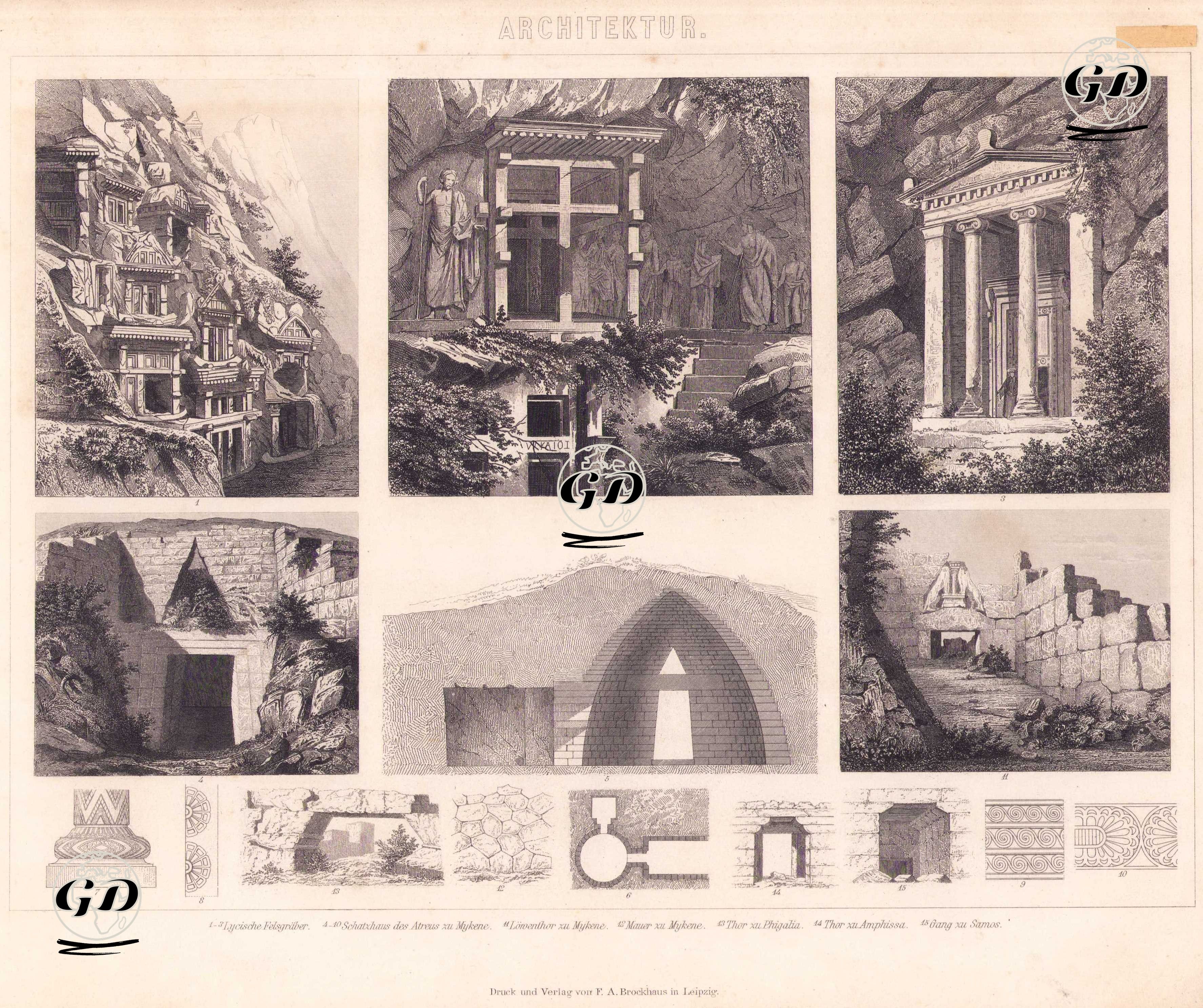 1.,2. Myra Antik Kenti'nde (bugünkü Demre, Antalya) Bulunan Likya Kaya Mezarları, 3. Amintas Kaya Mezarı, Fethiye 4-10. Miken'deki Tholos Mezarı (Atreus Hazinesi) Girişi ve İç Mimarisi  11. Miken'deki Aslanlı Kapı, 12. Miken'deki Sur Duvarı, 13. Figalia’daki Kapı, 14. Amfissa’daki Kapı, 15. Sisam’daki Giriş Kapısı -  - 1875