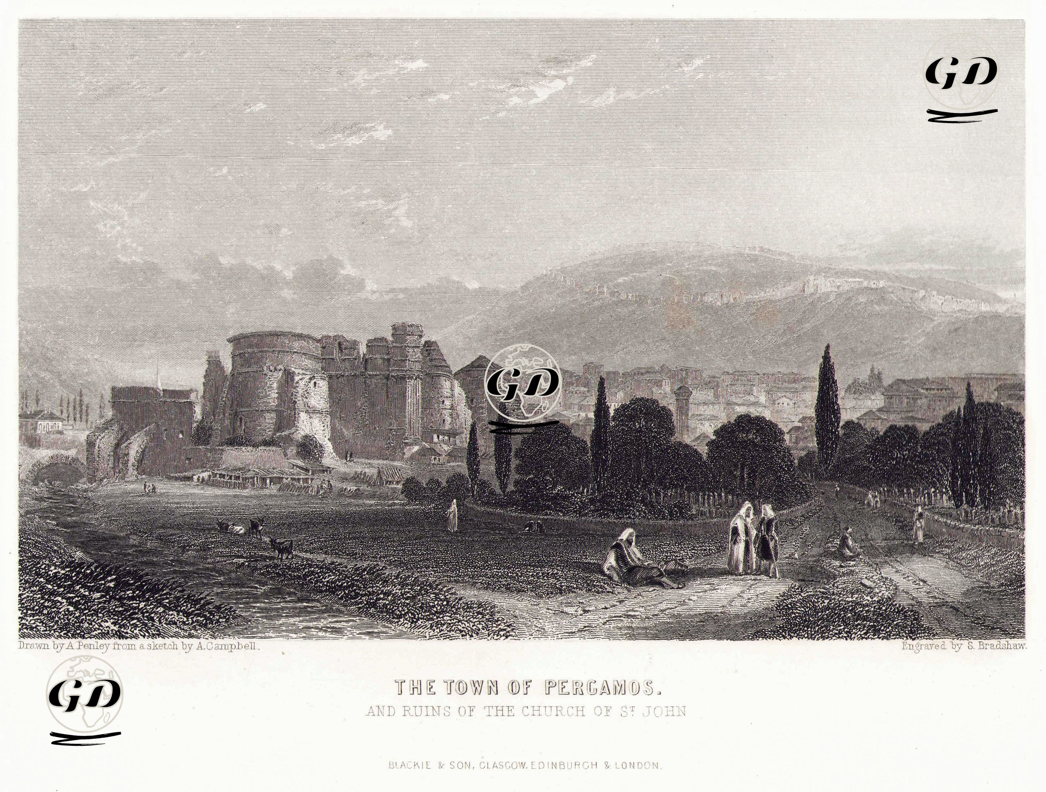 Bergama İlçesi Ve Aziz John (Aziz Yuhanna-Aziz Jean) Kilisesinin Kalıntıları - Aaron Edwin Penley (1807-1870) - 1860's