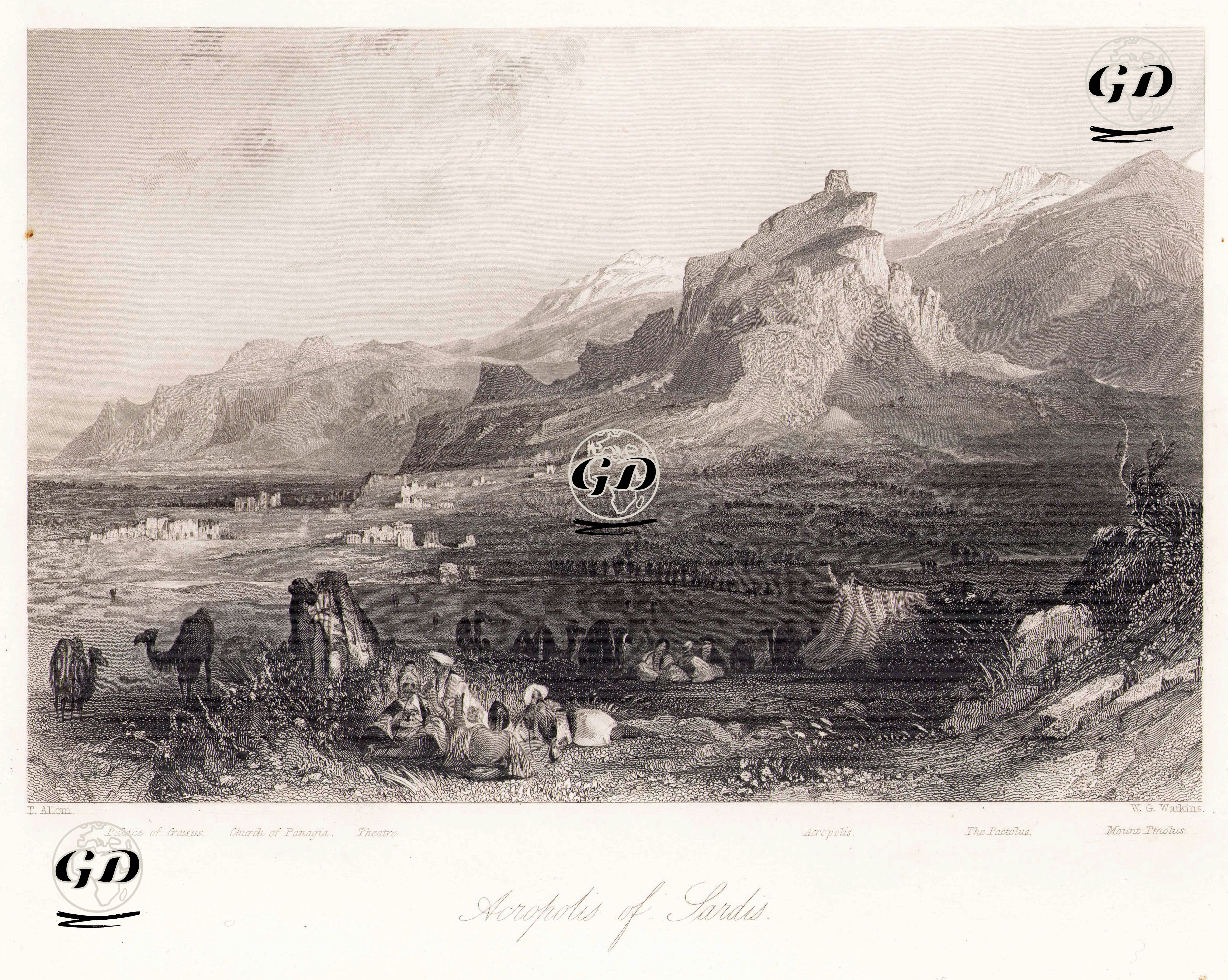 Sardes Antik Şehri Ve Akropolisi-Karun (Kroisos) Sarayı -Aziz John ve Meryem Ana (Panagia) Kilisesi-Tiyatro-Akropolis-Sart (Paktolos) Çayı-Bozdağ (Thomos) - Thomas Allom (1804-1872) - 1838-1839