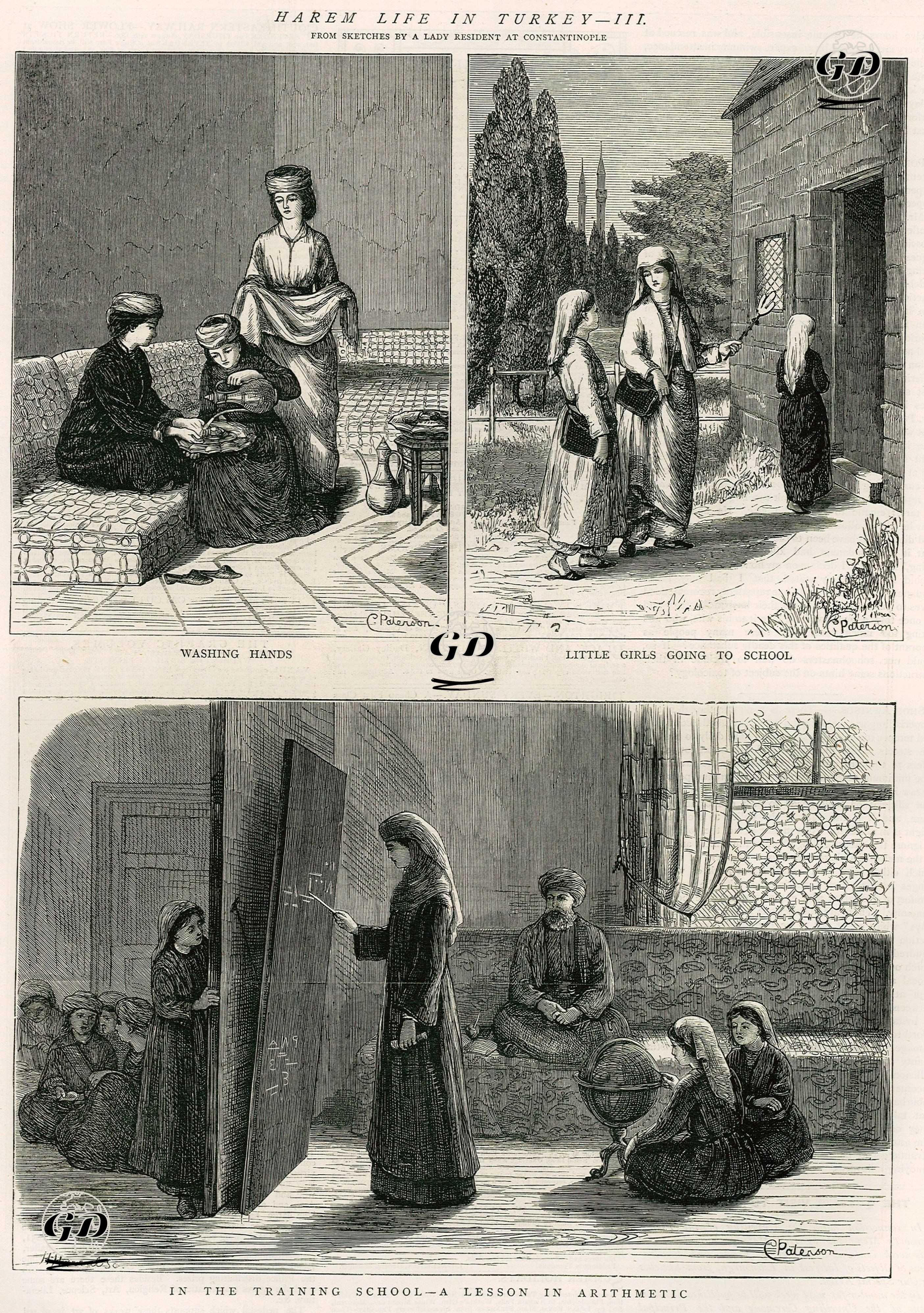 Türkiye'de Harem Yaşantısı-Haremde Küçük Kızların Eğitimi-Ellerin Yıkanması-Okula Gidiş-Okulda Matematik Ve Coğrafya Eğitimi  - C.Paterson-H.Harral - 1876