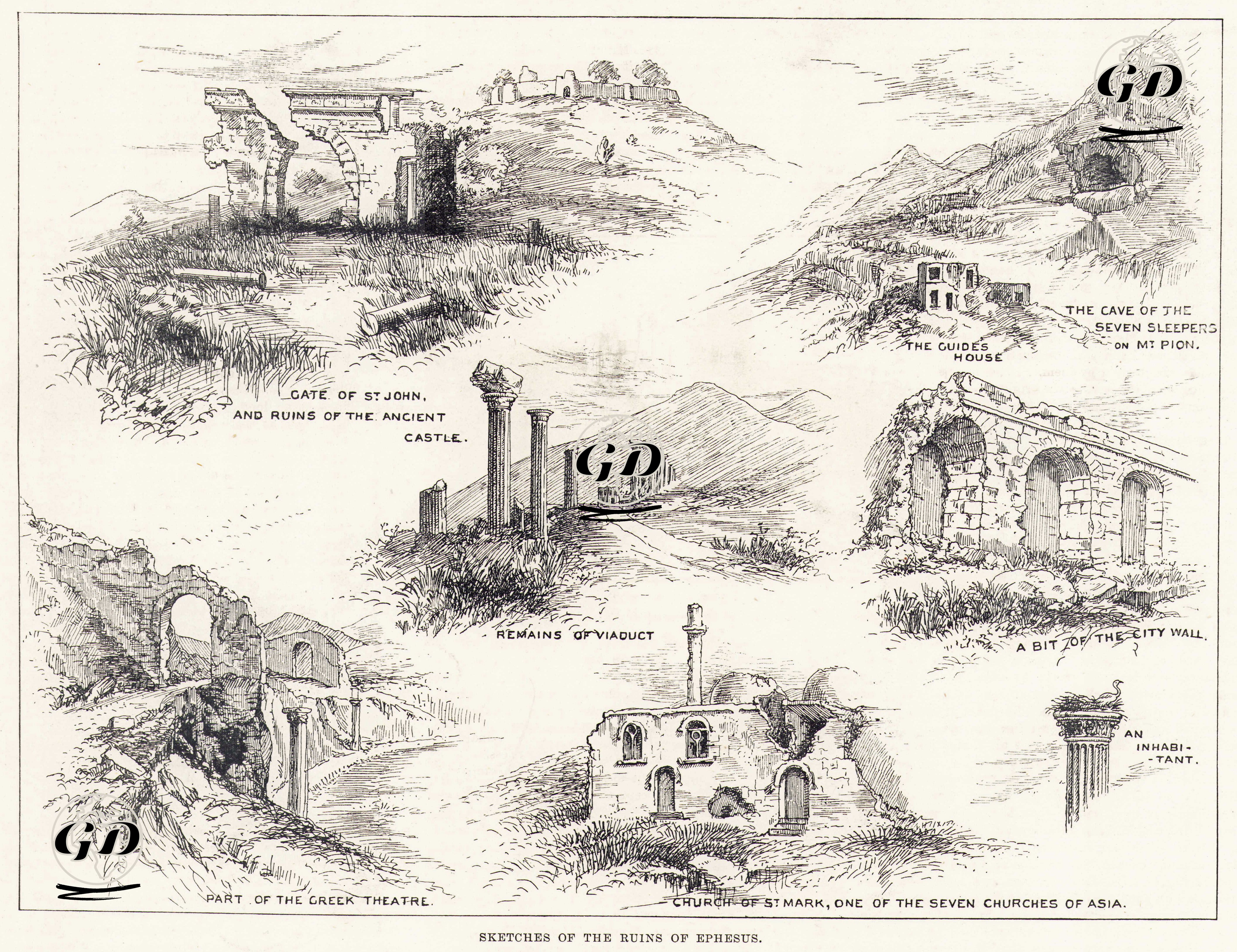Efes Antik Şehri Harabeleri-St.John (St.Yuhanna-St.Jean) Kapısı Ve Eski Kale Harabeleri-Gözcülerin Evi (Teras Evler)-Panayır Dağında Bulunan Yedi Uyurlar (Ashab-ı Kehf) Mağarası-Viyadük Kalıntıları-Şehir Duvarları Kalıntıları-Yunan Tiyatrosunun Bir Bölümü-Asyadaki Yedi Kiliseden Biri St.John (St.Yuhanna-St.Jean) Kilisesi-Ev Sahiplerinden Biri Leylek -  - 1891