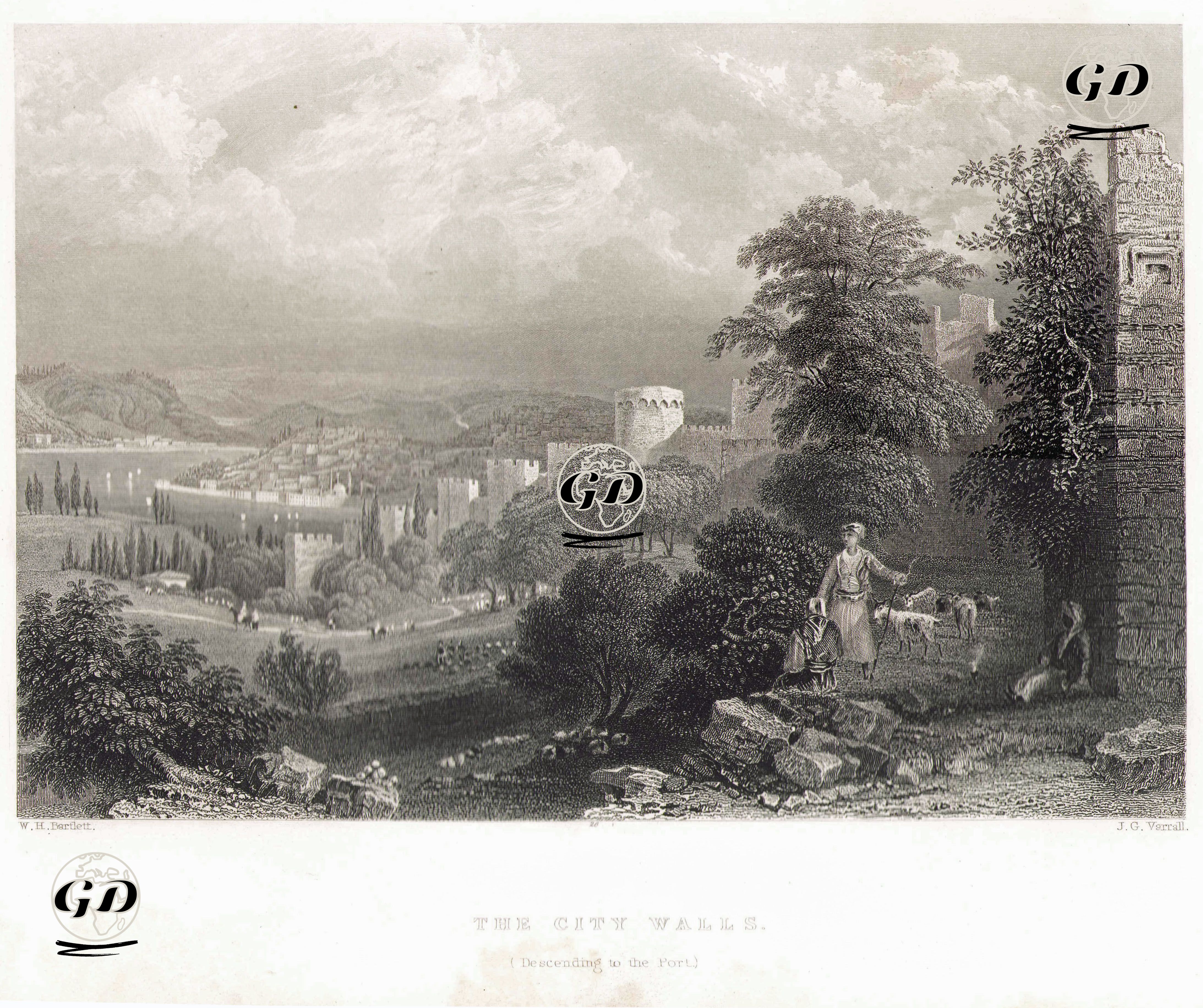 Haliç Limanına İnen İstanbul'un Şehir Surları - William Henry Bartlett (1809-1854) - 1854