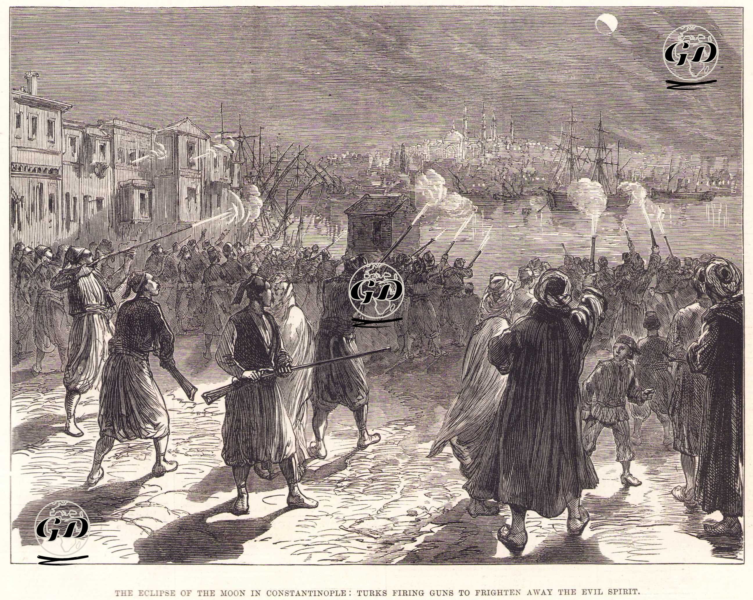 The Eclipse of the Moon in Constantinople: Turks firing guns to frighten away the Evil Spirit -  - 1877