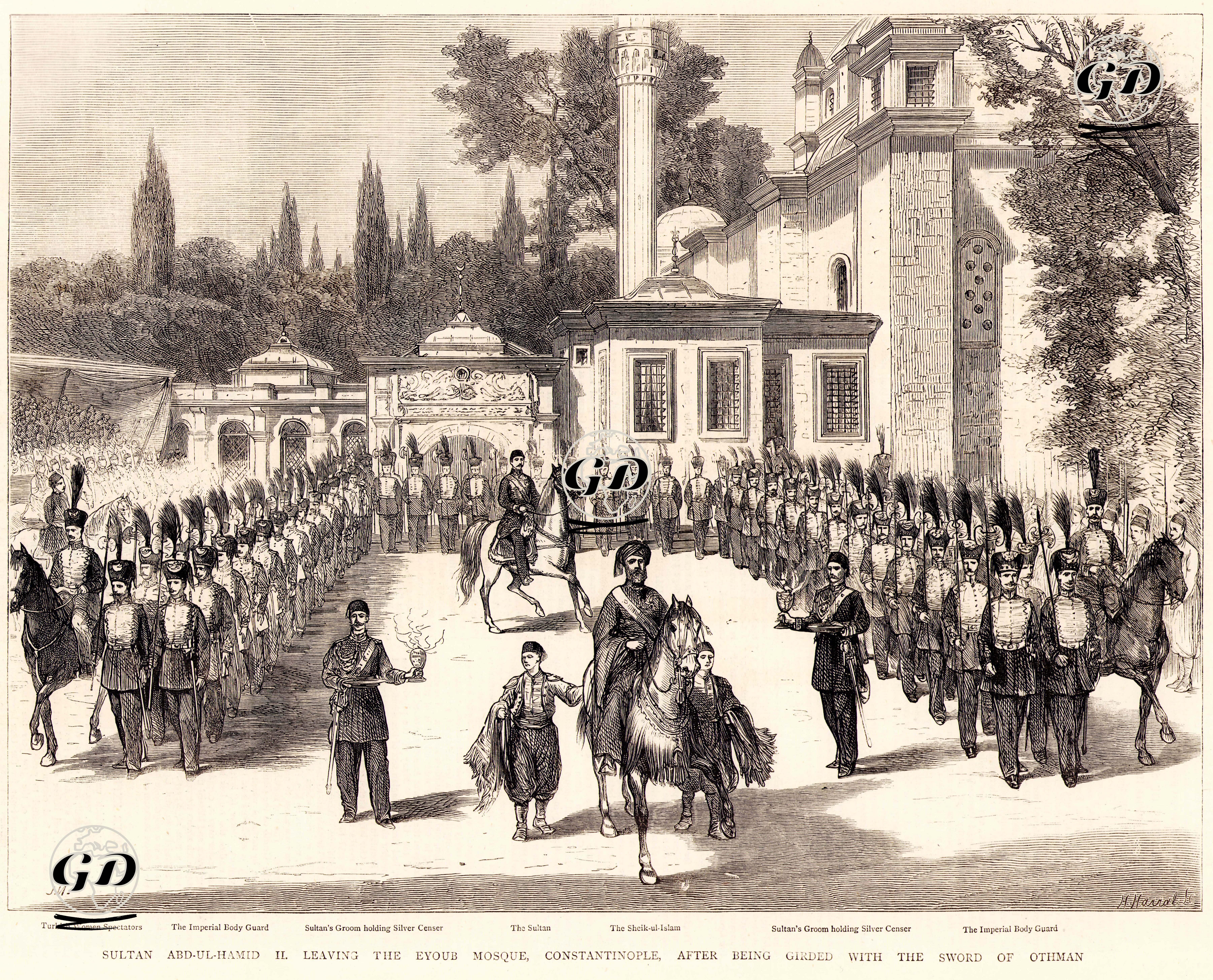 07 Eylül 1876 Tarihinde Eyüp Camisinde Hazreti Ömer'in Kılıcını Kuşandıktan Sonra Şeyhülislam ve Kılıç Alayı İle Birlikte Padişah II.Abdülhamid'in Camiden Ayrılışı  - Joseph Nash (1809-1878) - 1876