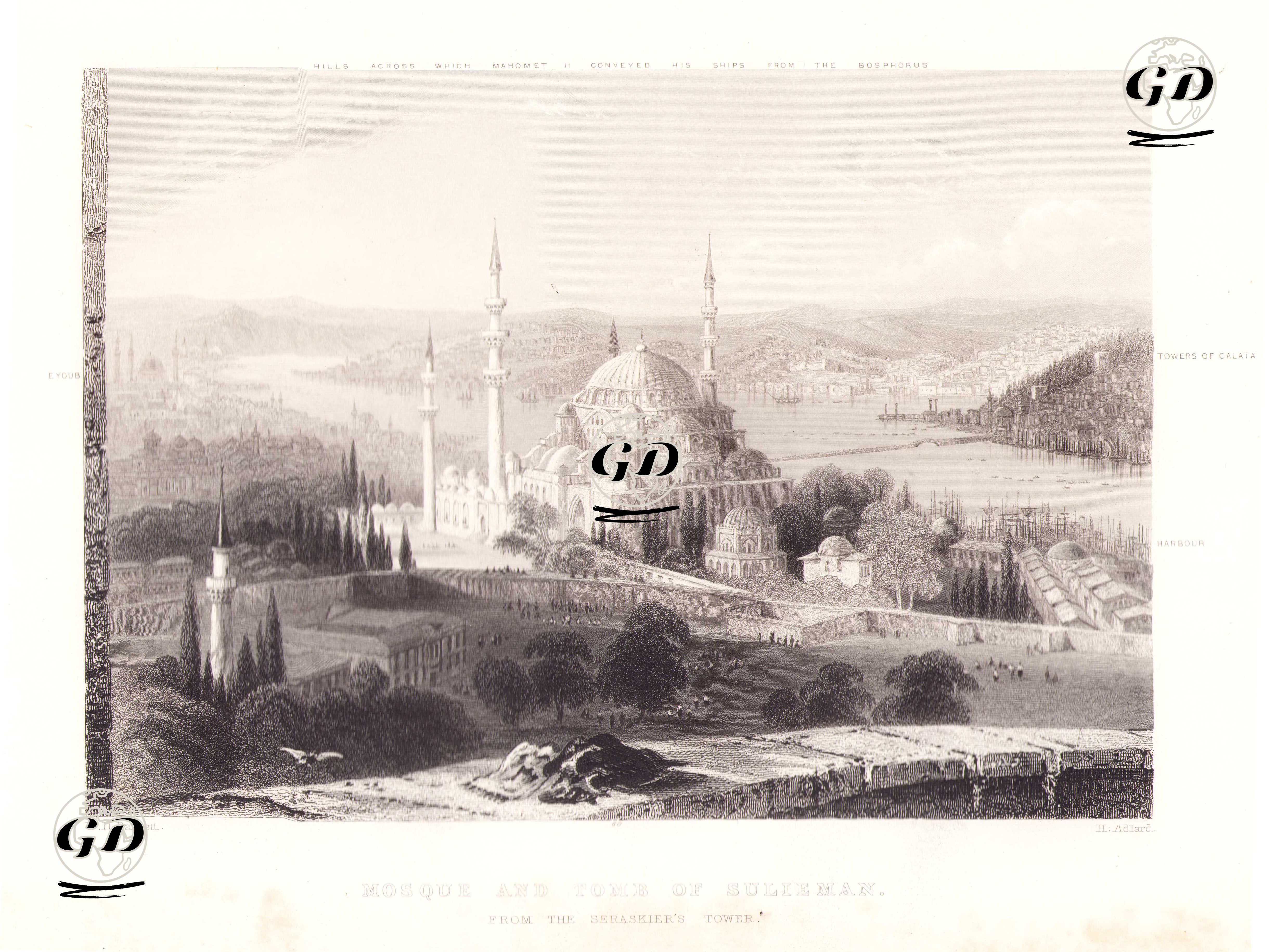 Beyazıt Kulesinden Süleymaniye Cami-Eyüp-Fatih Sultan Mehmed'in Gemilerini Karadan Yürüttüğü Tepeler-Galata Surları-Liman - William Henry Bartlett (1809-1854) - 1854