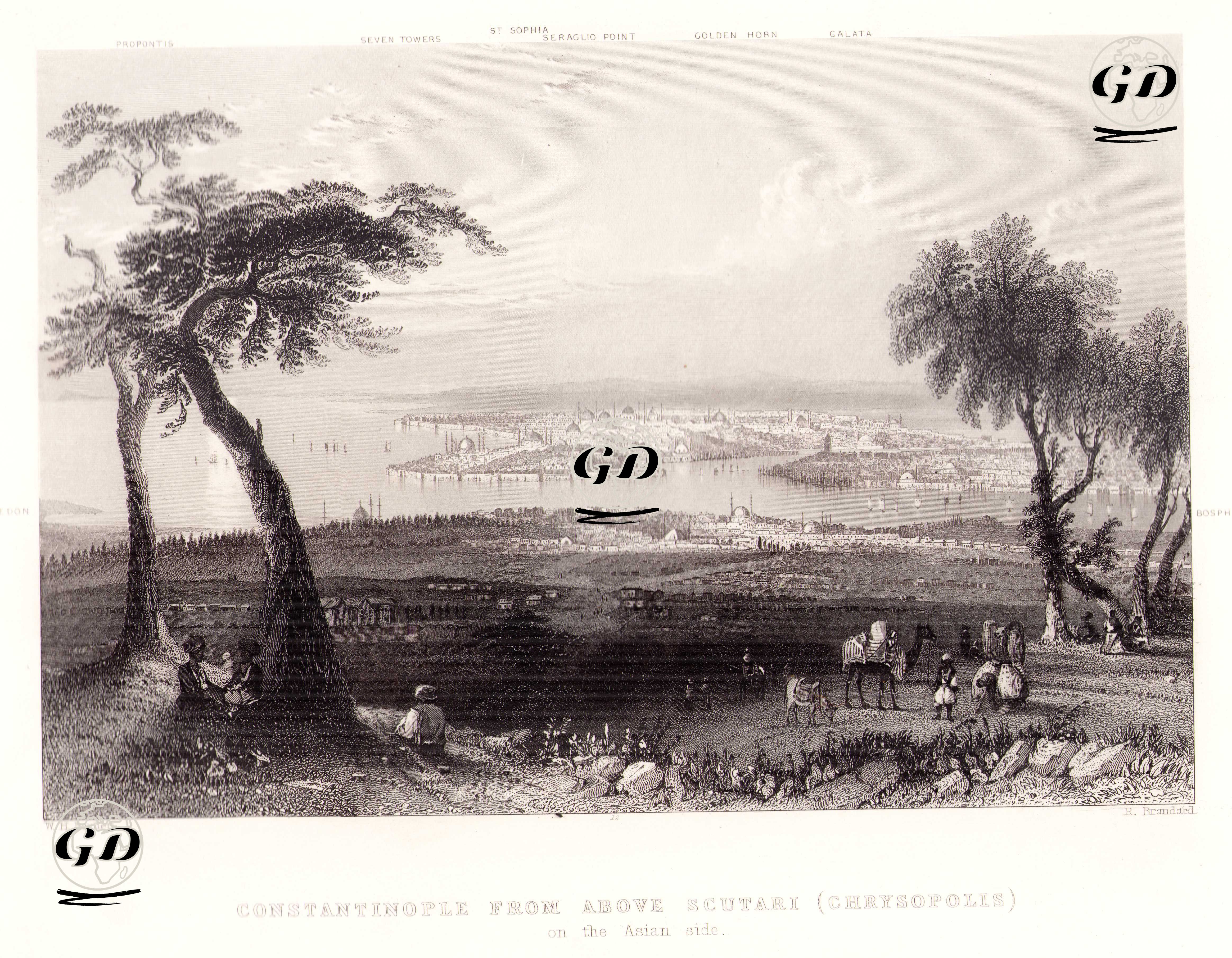 Üsküdarın Bulgurlu (Küçükçamlıca) Tepesinden İstanbul Manzarası-Kadıköy-Marmara Denizi-Ayasofya-Sarayburnu-Galiç-Galata-Boğaziçi - William Henry Bartlett (1809-1854) - 1854