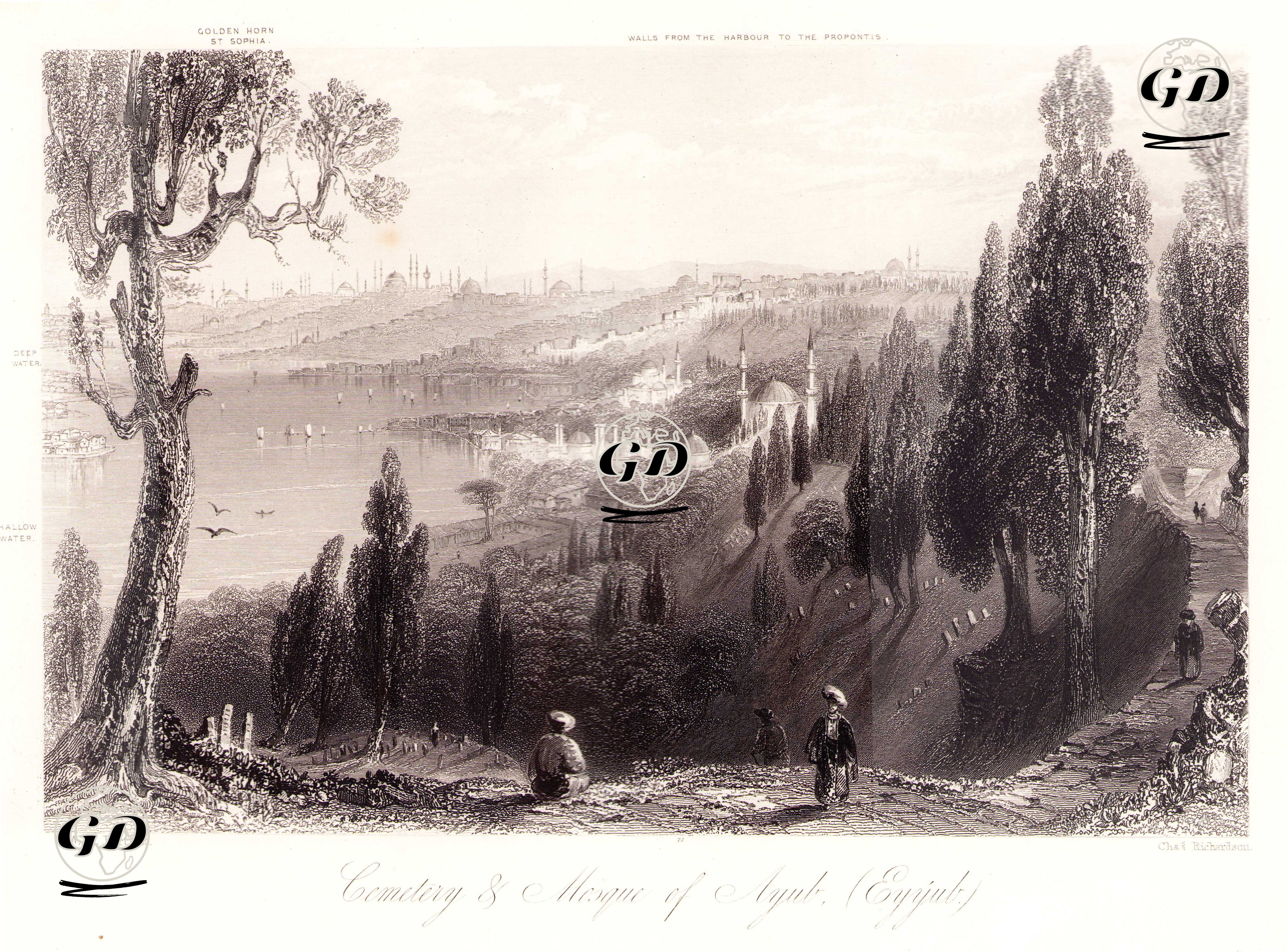Eyüp Cami, Mezarlığı Ve Haliç Manzarası-Sığ Sular-Derin Sular-Ayasofya Cami-Haliç-Haliç'ten Marmara Denizine Uzanan Surlar - William Henry Bartlett (1809-1854) - 1854