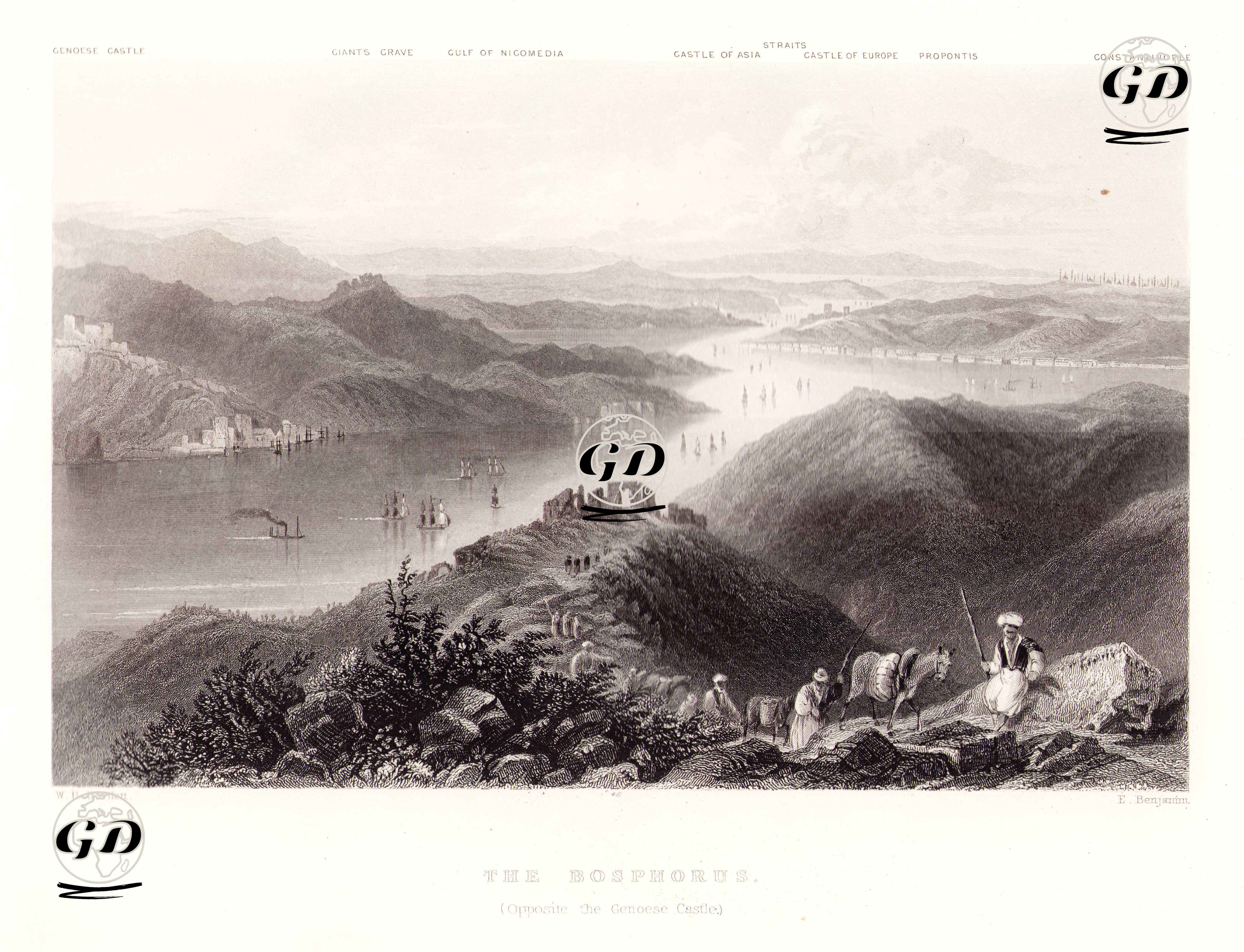 Boğaziçi Ve Yoros Kalesi-Yuşa Tepesi-İzmit Körfezi-Anadolu Hisarı-Rumeli Hisarı-Marmara Denizi-İstanbul - William Henry Bartlett (1809-1854) - 1854