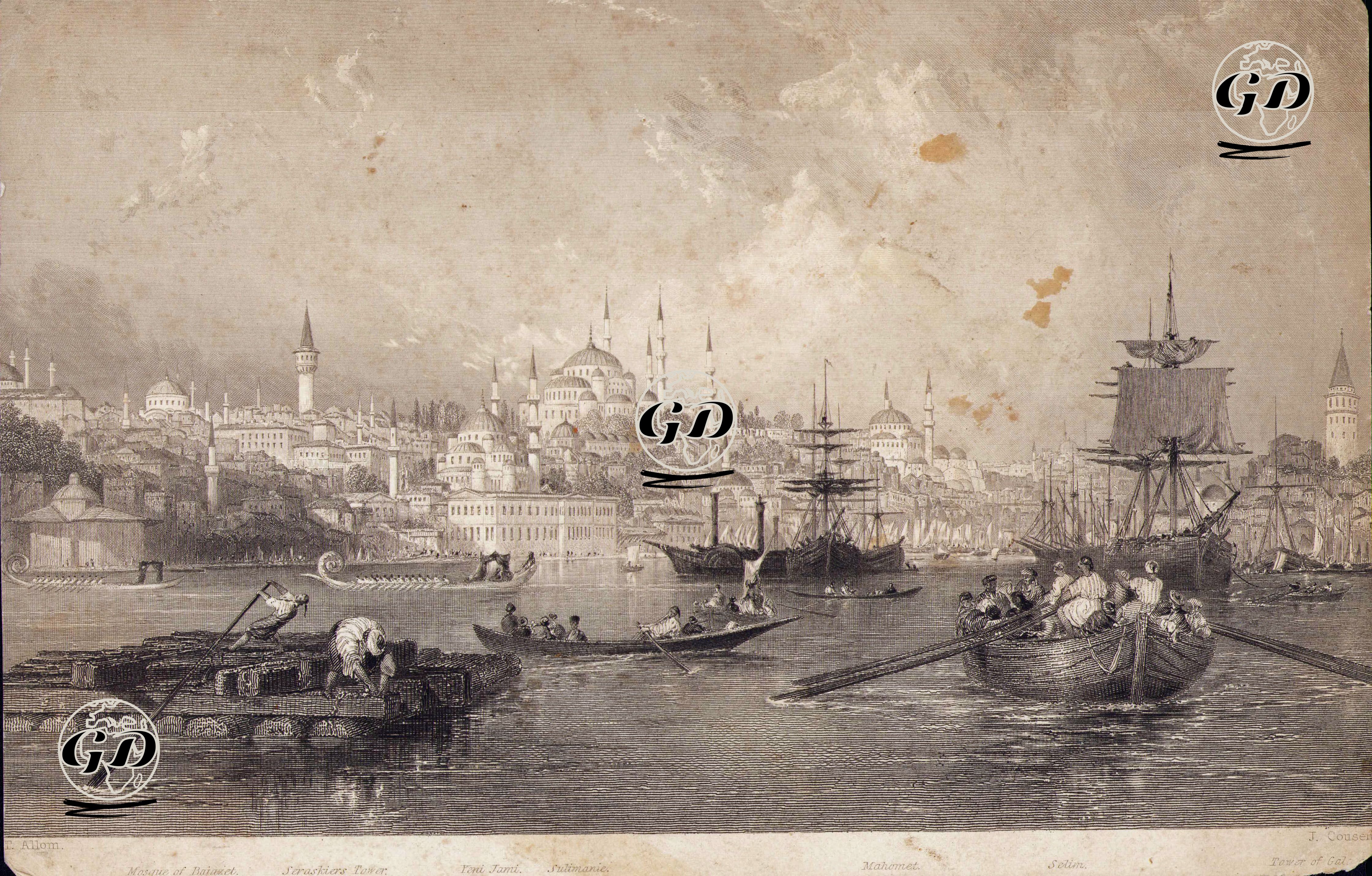 Haliç Girişinden İstanbul-Beyazıt Cami-Beyazıt Kulesi-Yeni Cami-Süleymaniye Cami-Şehzade Cami (Şehzade Mehmet Cami ya da Şehzadebaşı Cami)-Yavuz Selim Cami-Galata Kulesi - Thomas Allom (1804-1872) - 1838